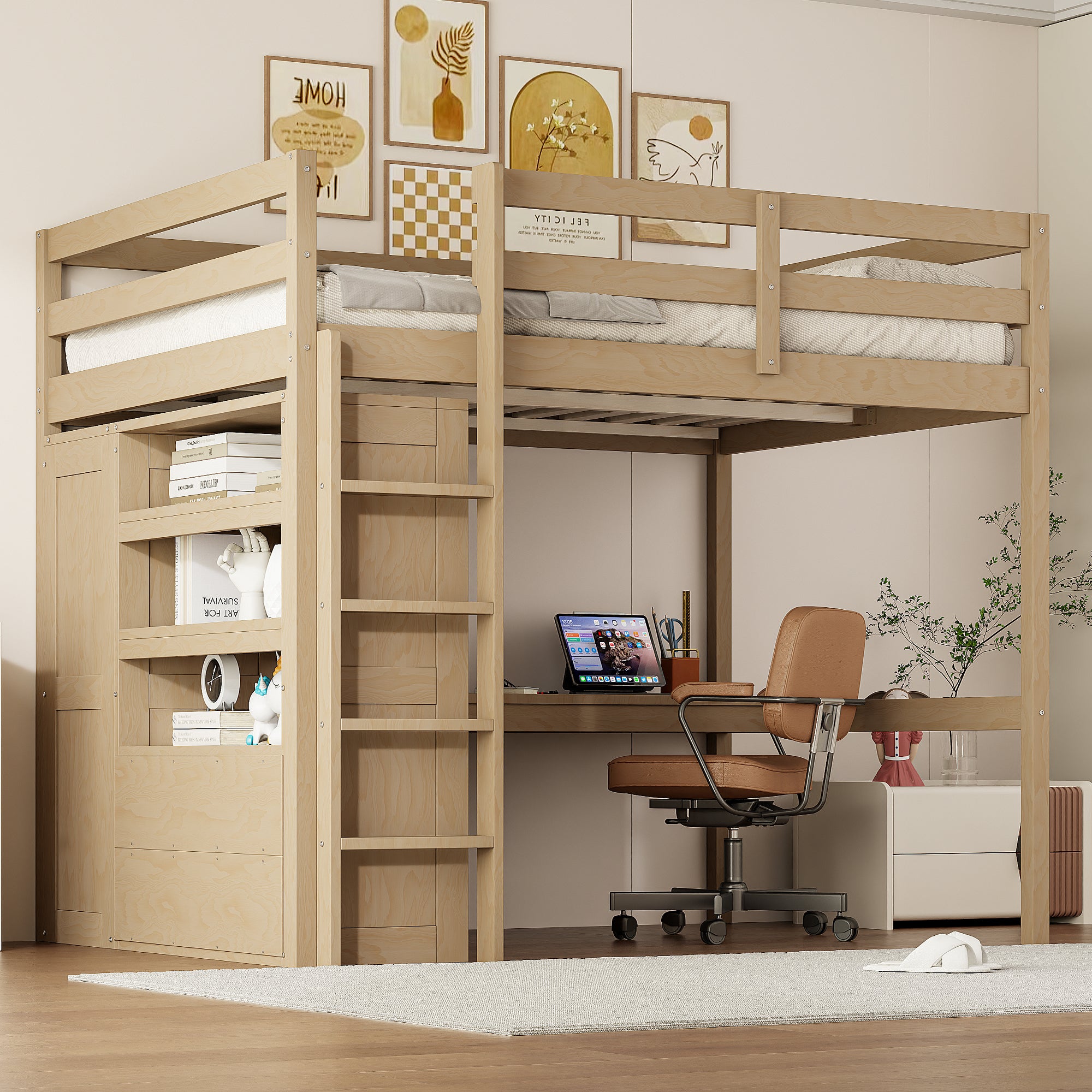 Wood Full Size Loft Bed With Desk Wardrobe Storage Shelves In Walnut