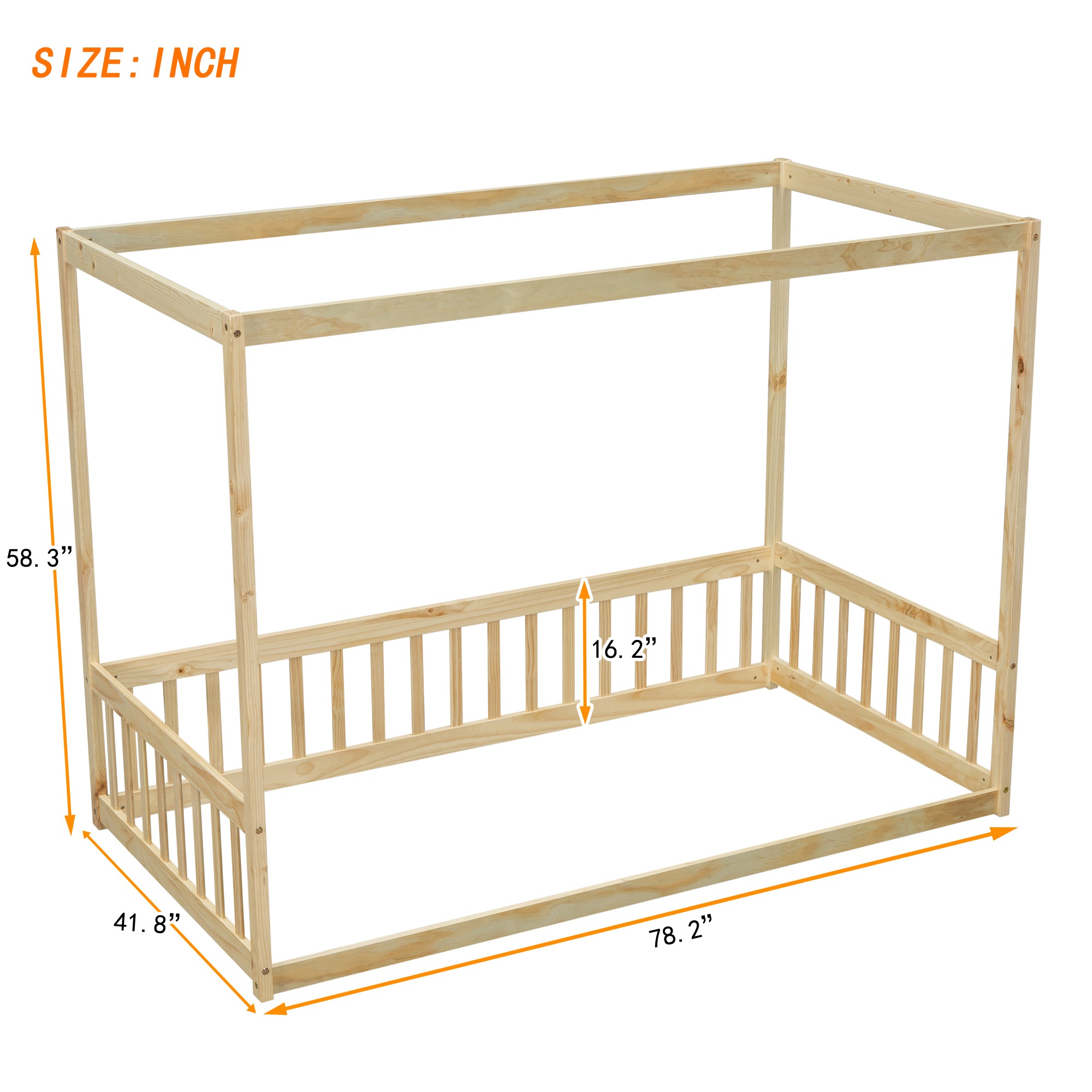 Natural Tone Twin Size Canopy Frame Floor Bed with Guardrails