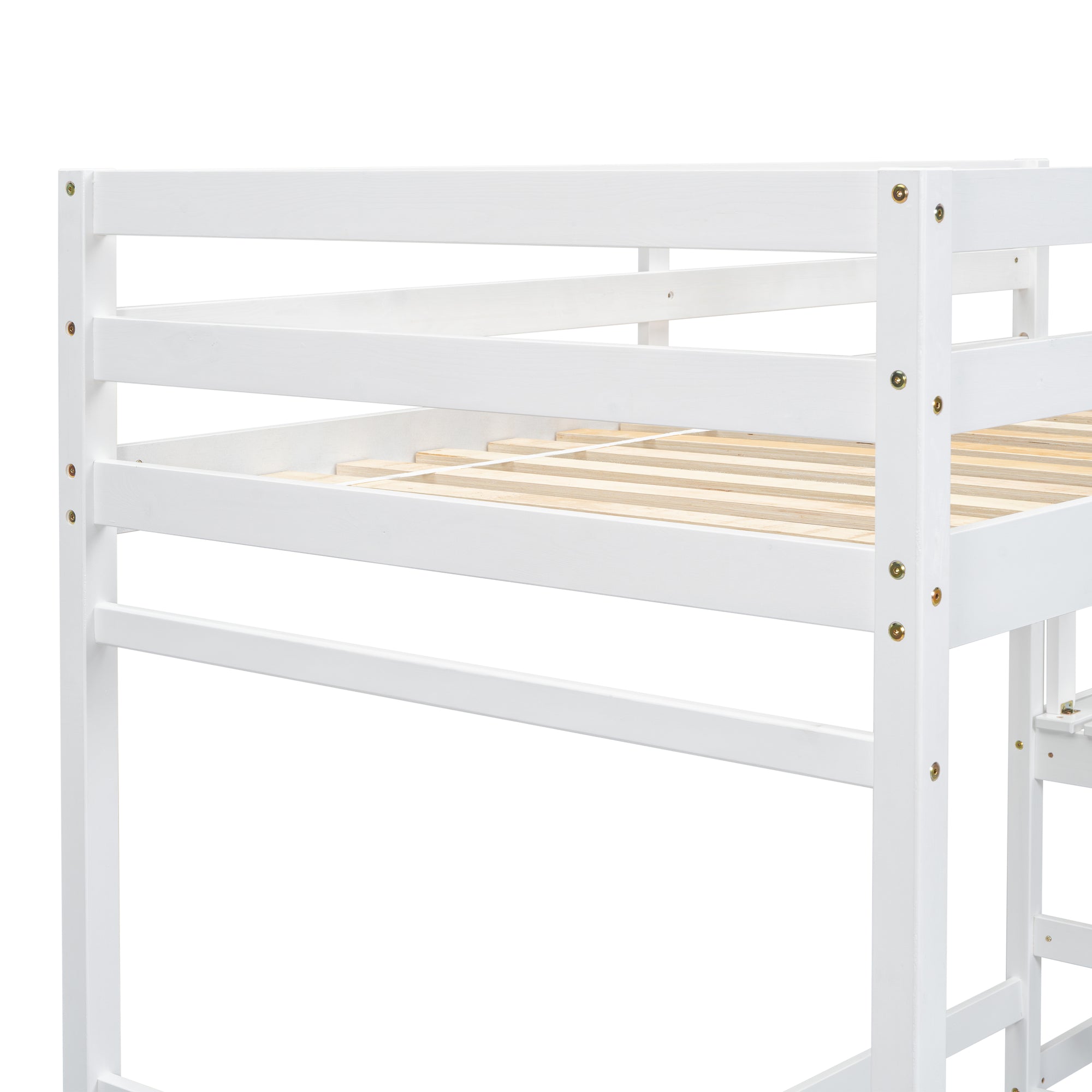 White Twin High Loft Bed with Ladder Landing Platform, Ladders, and Guardrails