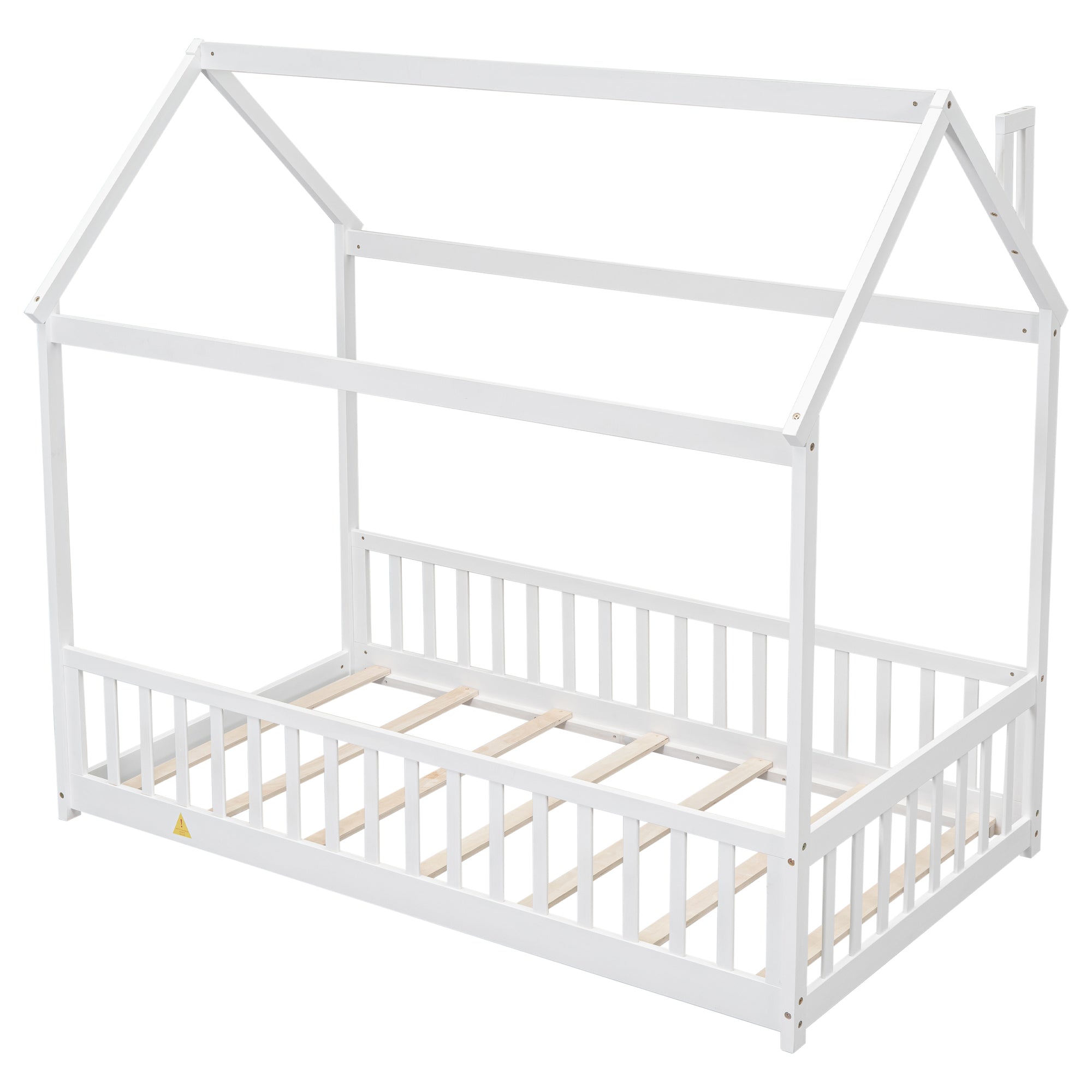 White Twin House Toddler Floor Bed with Guardrails and Slats