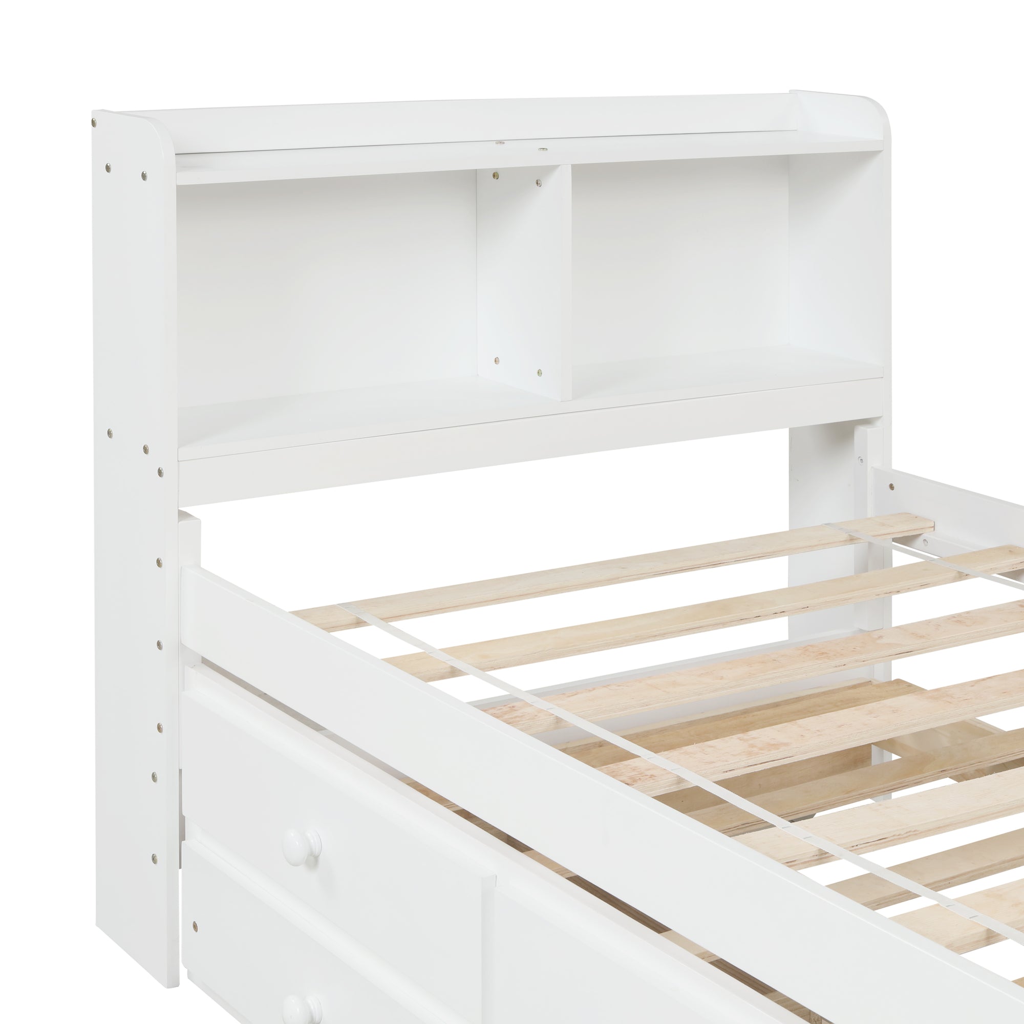 White Twin Bed with Bookcase, Trundle, and Drawers