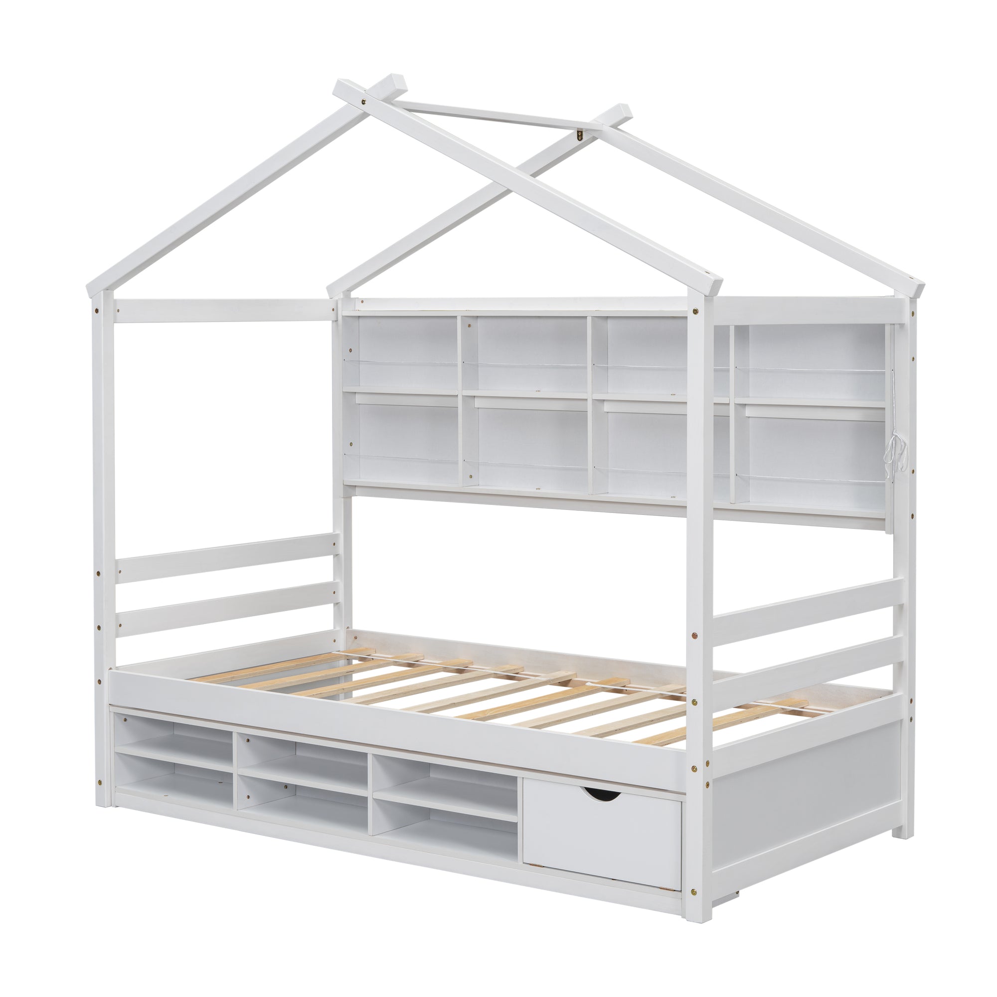 Twin Bed with Roof, Bedside Shelves, and Under-Bed Storage in White