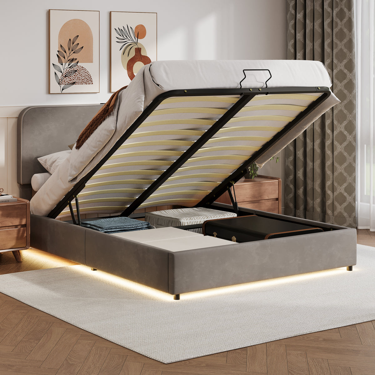 Full Size Bed with Hydraulic Storage, LED Lighting &amp; Built-in Bluetooth Speaker in Gray