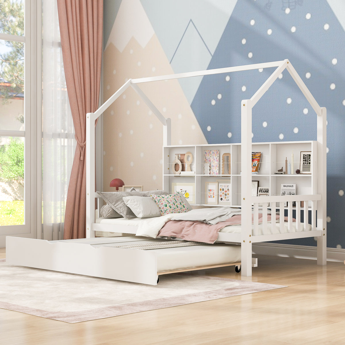 Wooden Twin Size House Bed with Trundle and Shelf In White