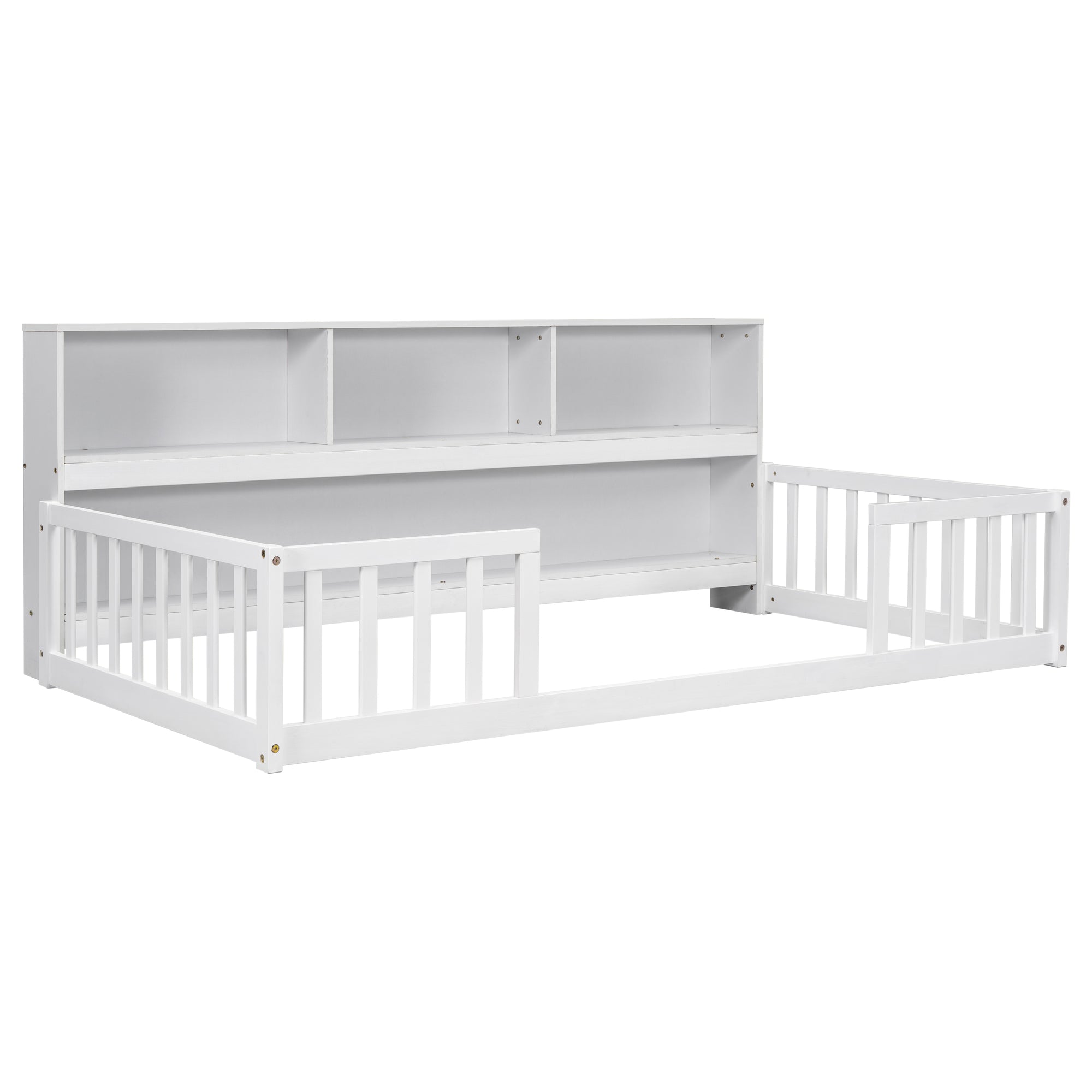 Twin Toddler Floor Bed with Bedside Bookcase, Shelves, and Guardrails in White