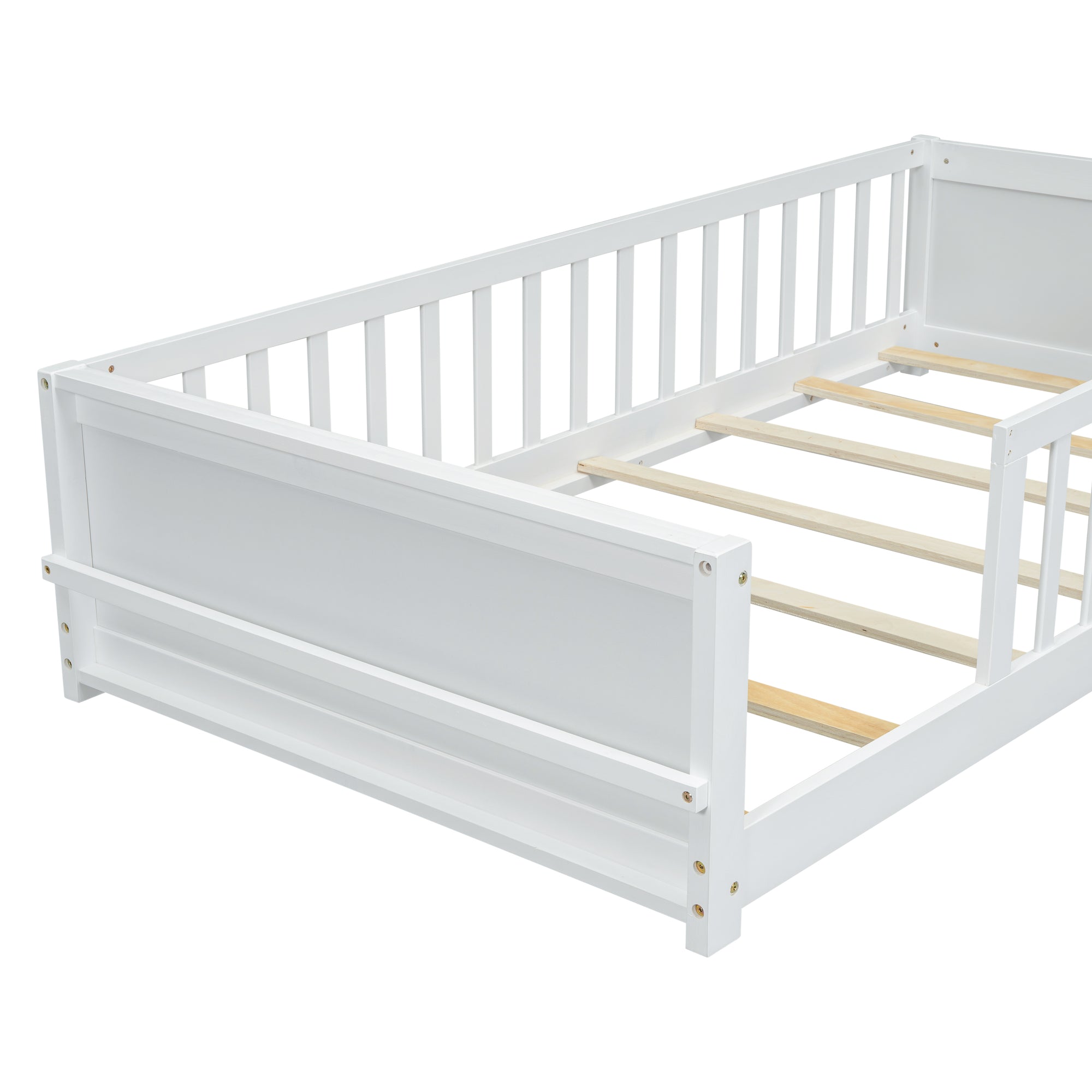 White Twin Toddler Floor Platform Bed with Built-in Book Storage Rack