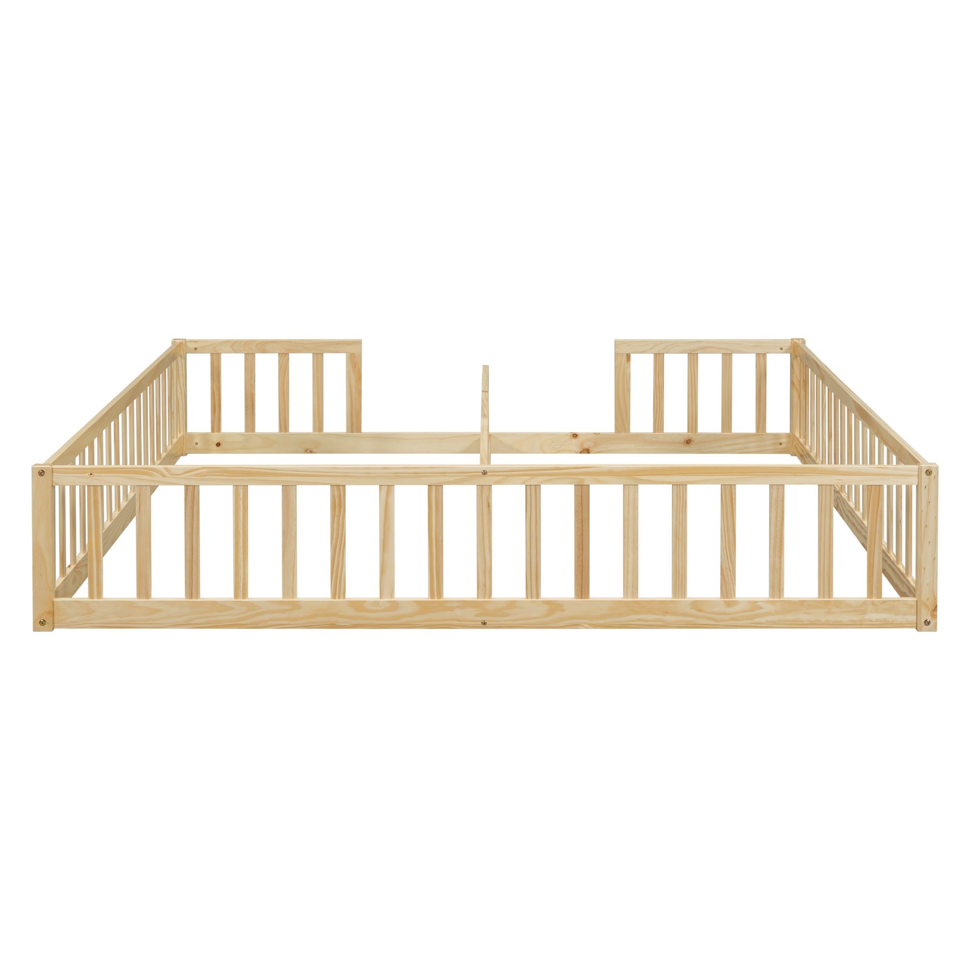 Double Twin Toddler Floor Bed with Fence and Guardrails in Natural Tones