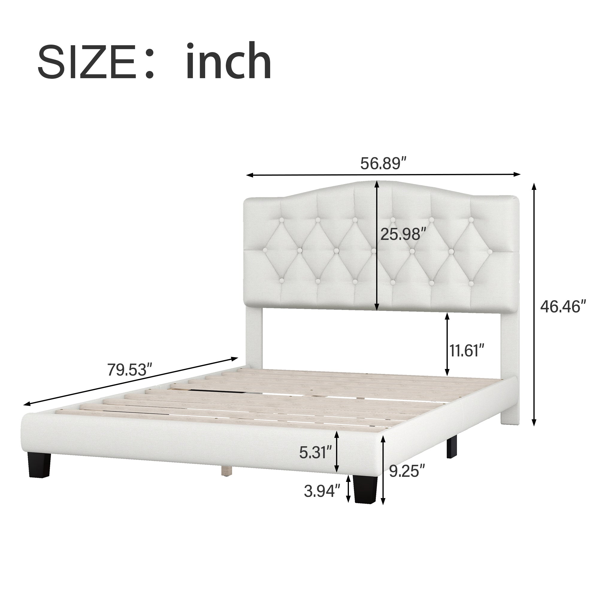 Upholstered Platform Bed with Saddle Curved Headboard and Diamond Tufted Details in Beige