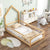 Natural Tone Twin Size Wood Toddler Floor Bed with House-Shaped Headboard & Fences