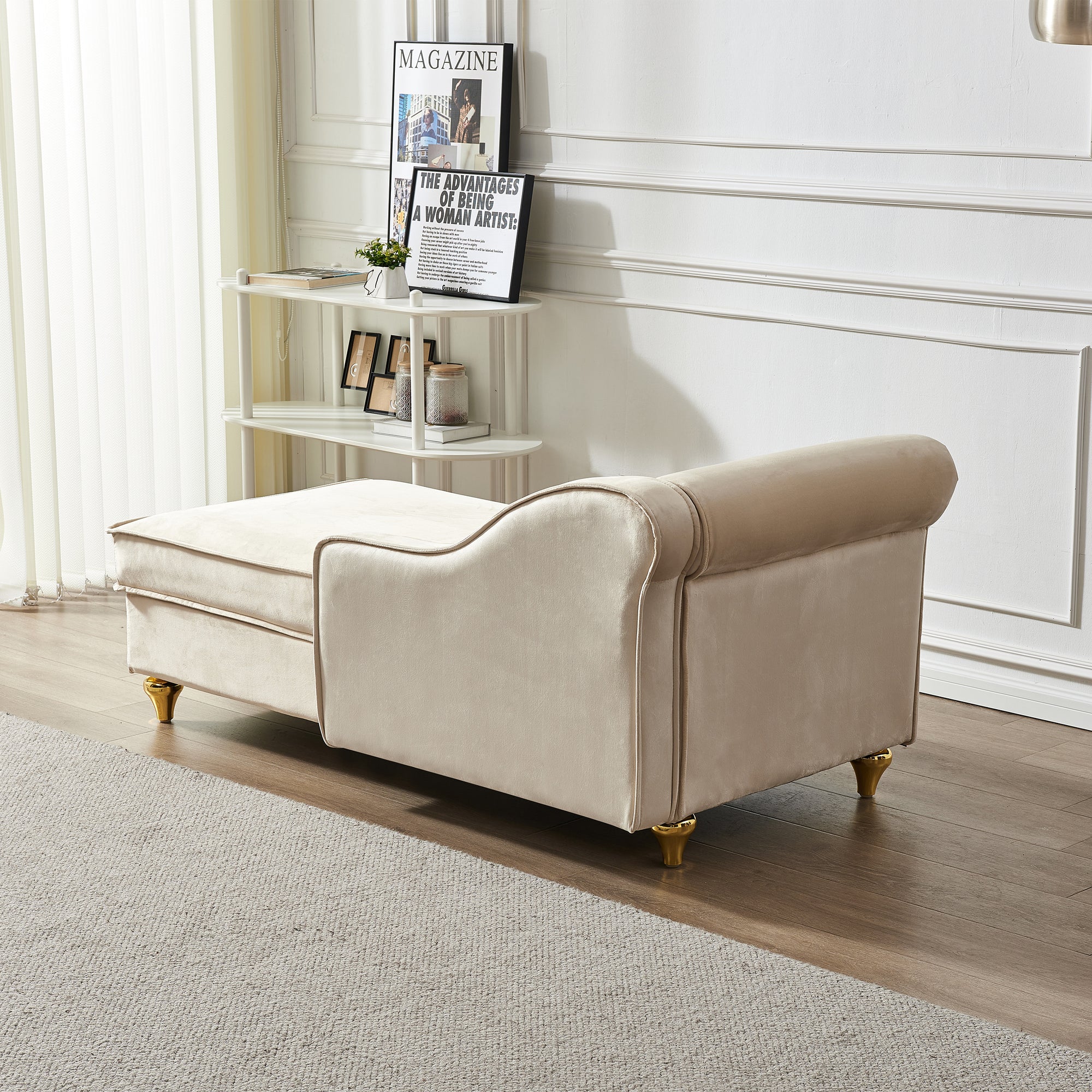 Beige Velvet Chaise Lounge With Storage