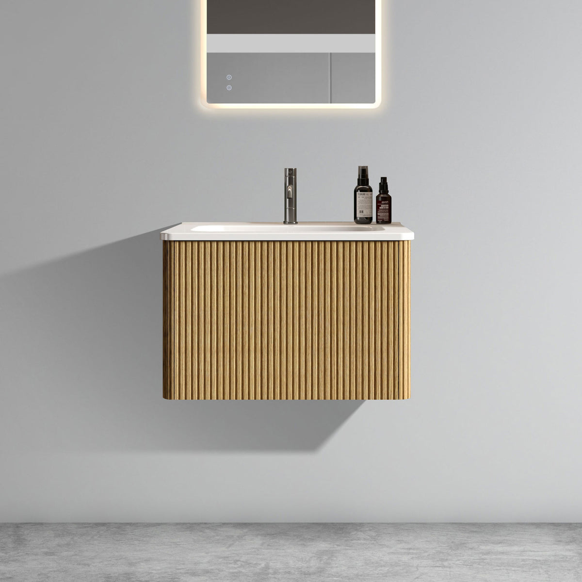 Striped Natural Oak Bathroom Vanity with White Ceramic Sink Wall Mounted Floating Design In White and Oak