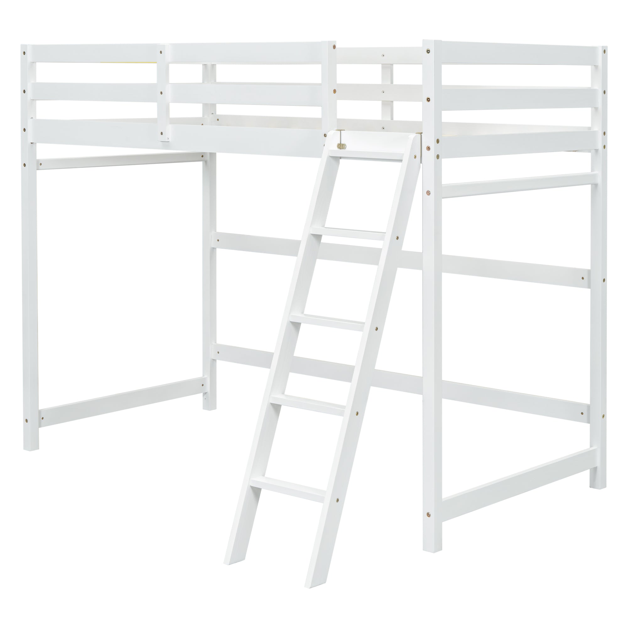 White Twin Size High Loft Bed with Inclined Ladder and Guardrails