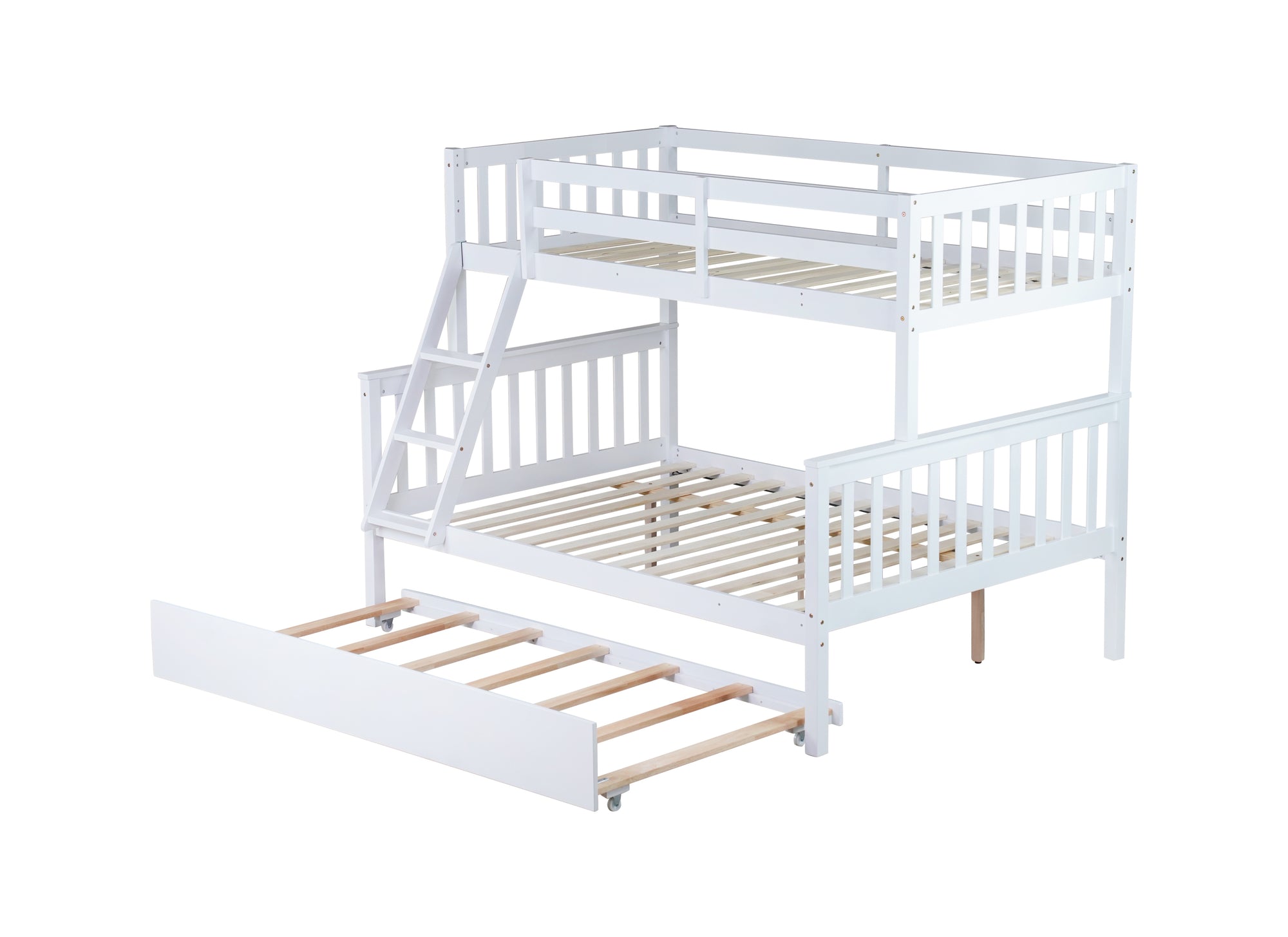 White Twin Over Full Rubber Wood Bunk Bed with Trundle, Detachable Ladder, and Guardrails