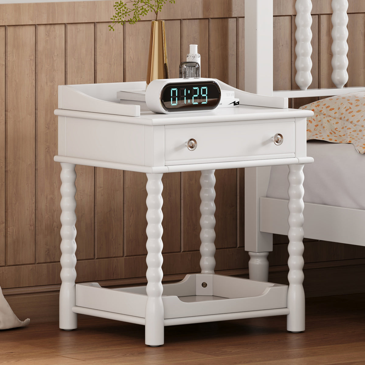 Retro Style Nightstand with Drawer and Open Shelf for Bedroom, Bedside Table with Turned Legs and Metal Handle In White