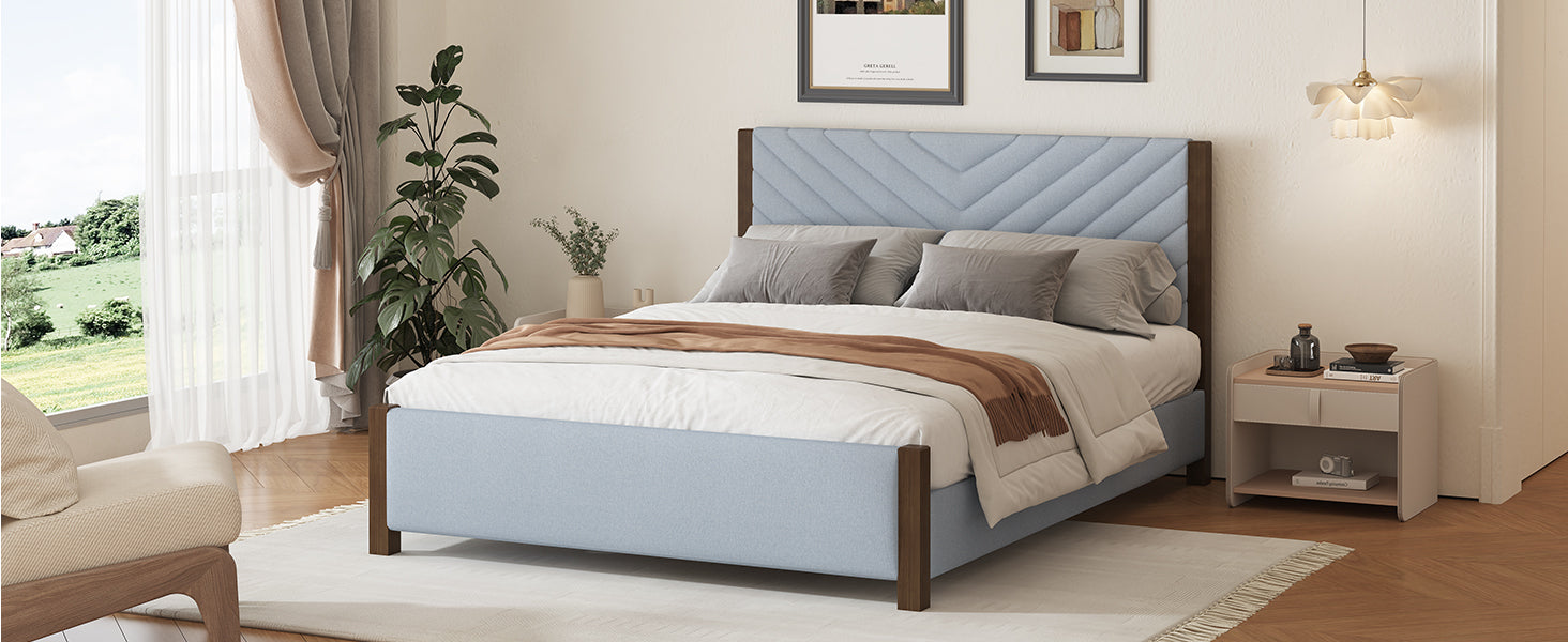 Modern Mid-Century Queen Upholstered Platform Bed with Chevron Headboard in Gray