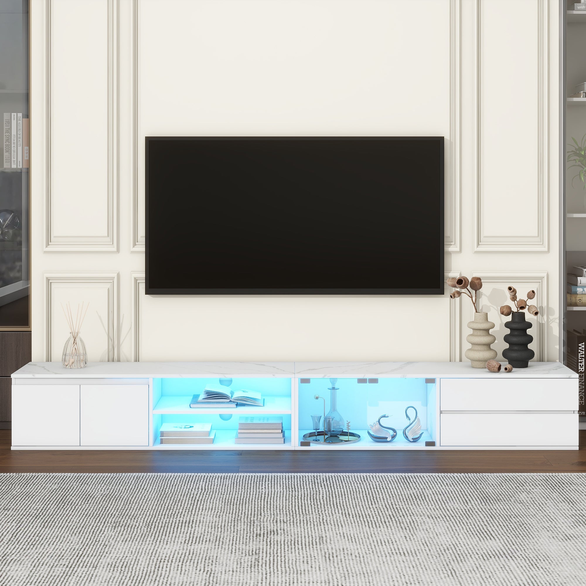 LED TV Stand for TVs Up to 105 Inch Faux Marble Media Console with Glass Doors In White