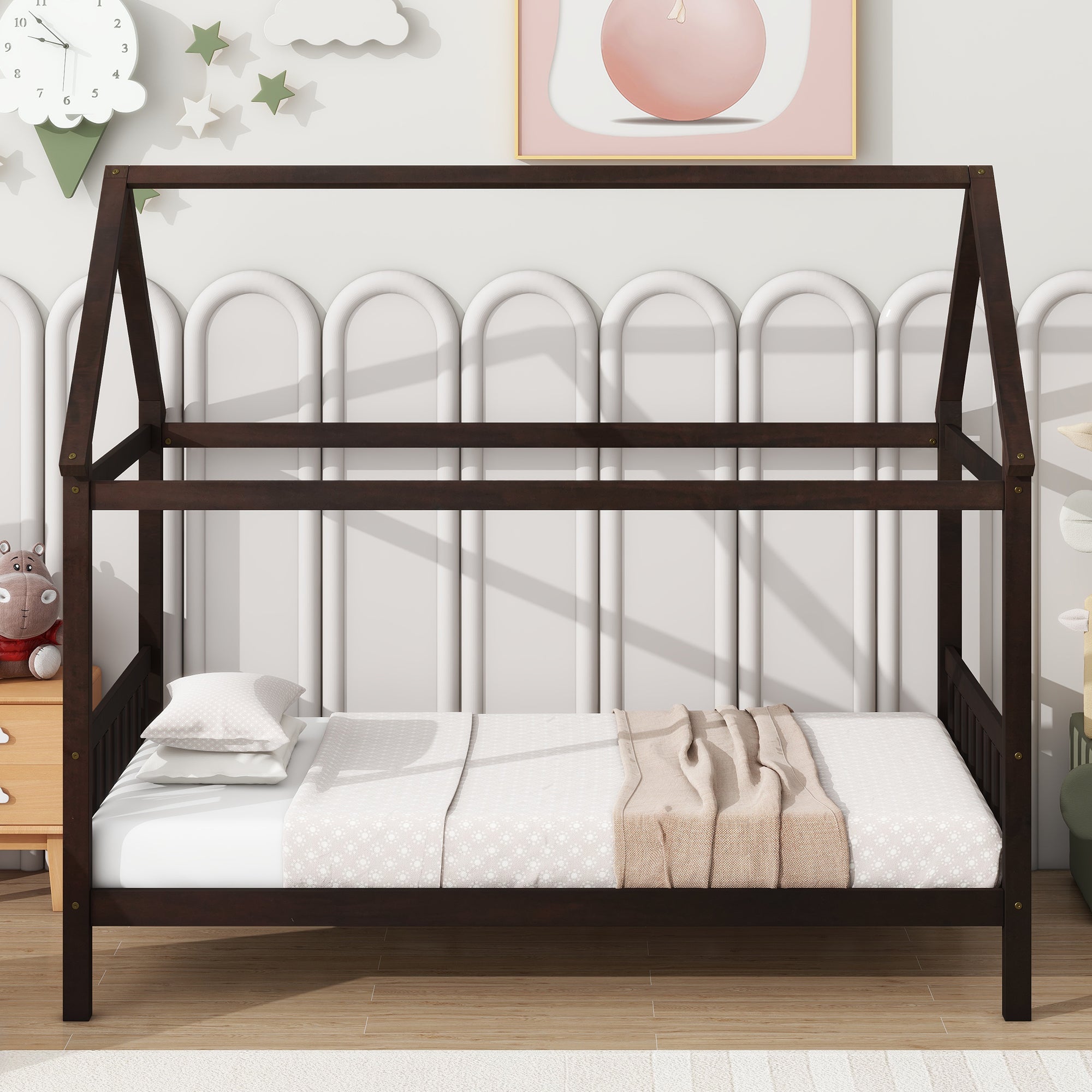 Espresso Twin Rubber Wood House Bed with Headboard and Footboard