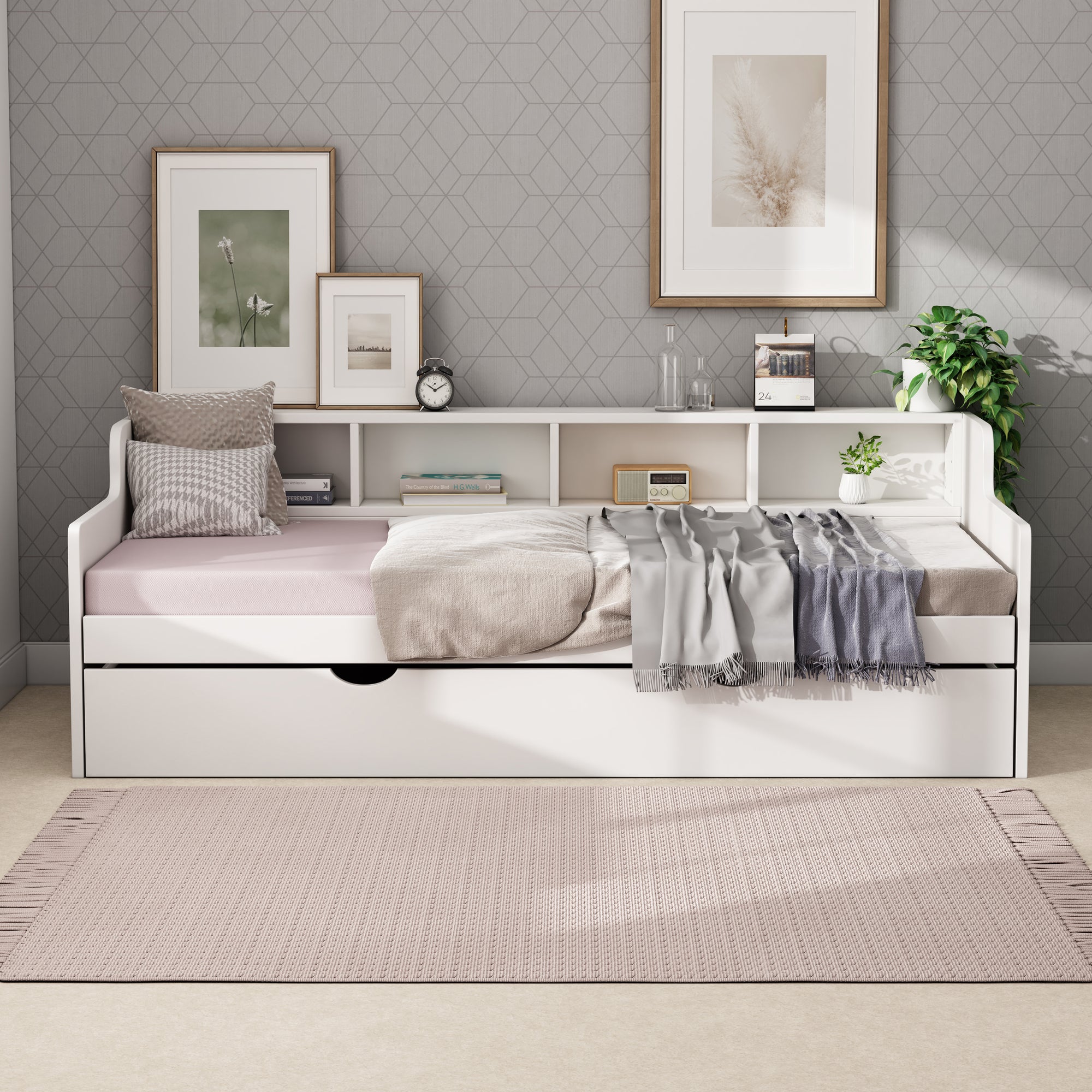 White Twin Daybed with Trundle and Storage Shelves