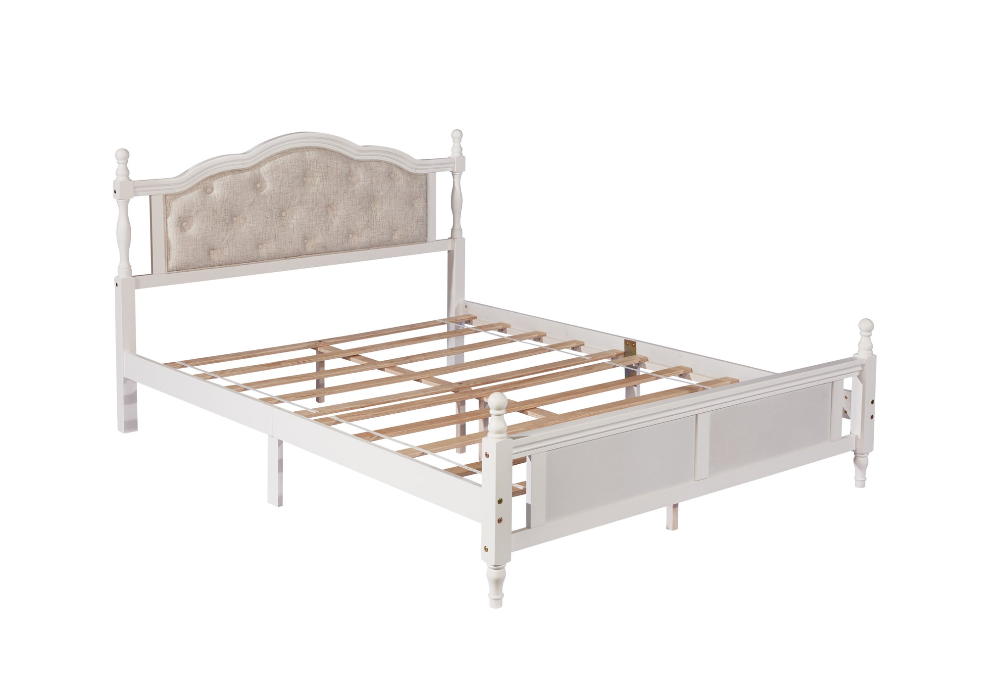 Queen Pine Wooden Bed with Upholstered Headboard and Panel Footboard In White