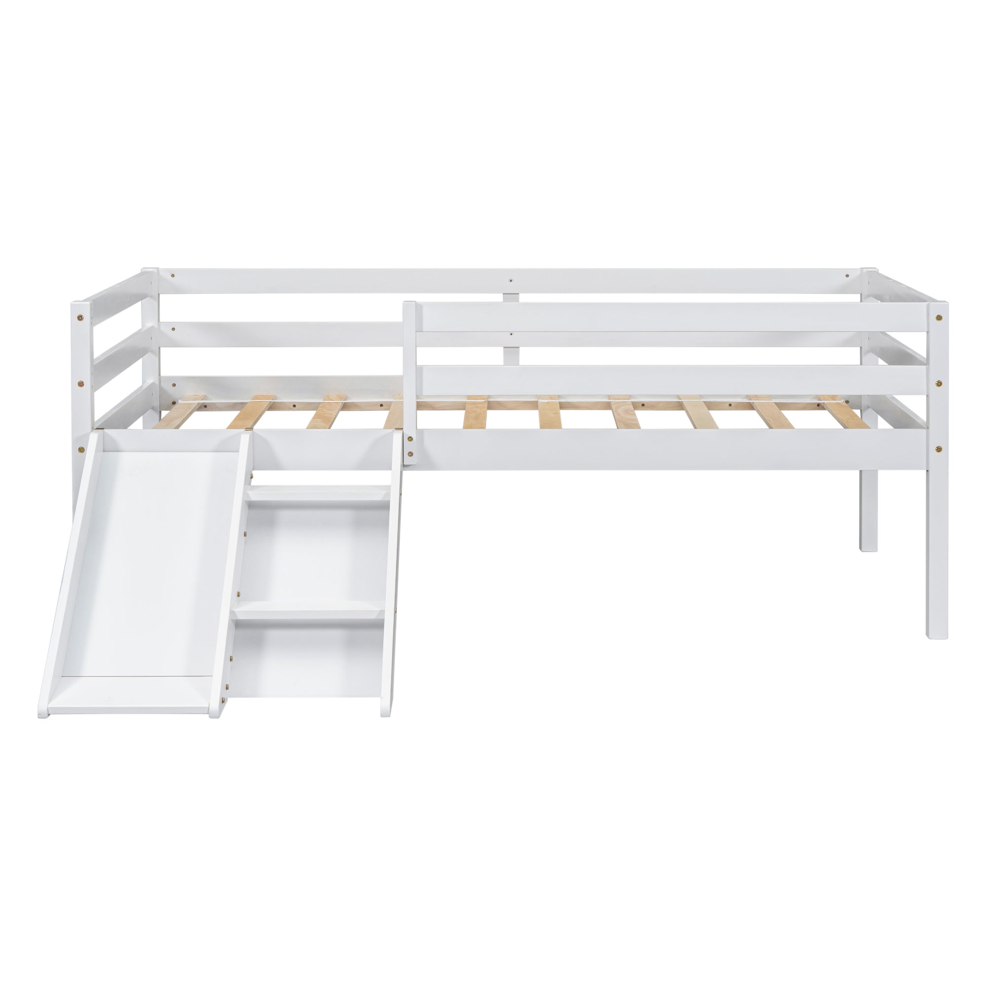 Twin Size Low Loft Bed with Slide, Ladder & Safety Guardrails in White