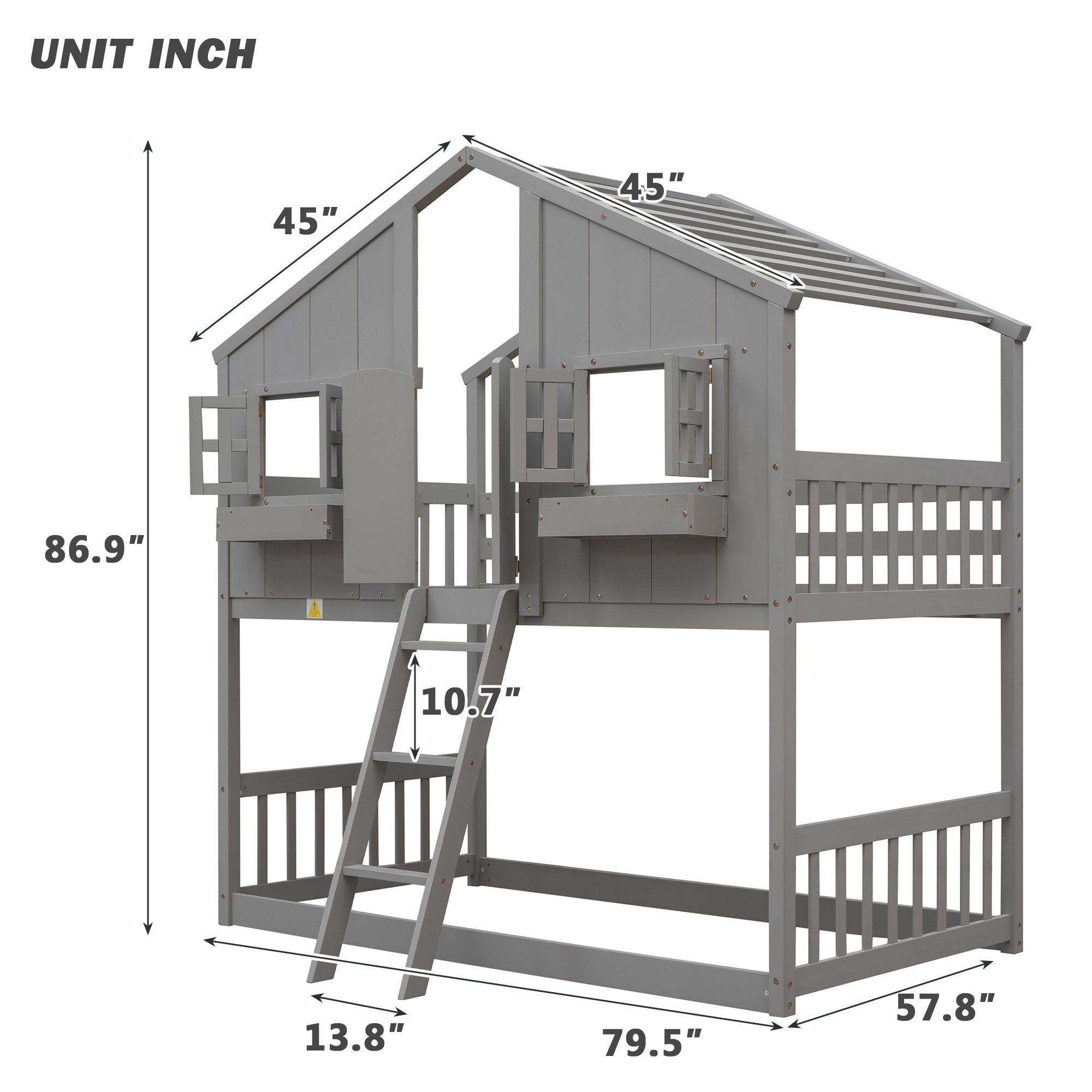 Gray Twin Over Twin House Bunk Bed with Roof, Windows, and Door