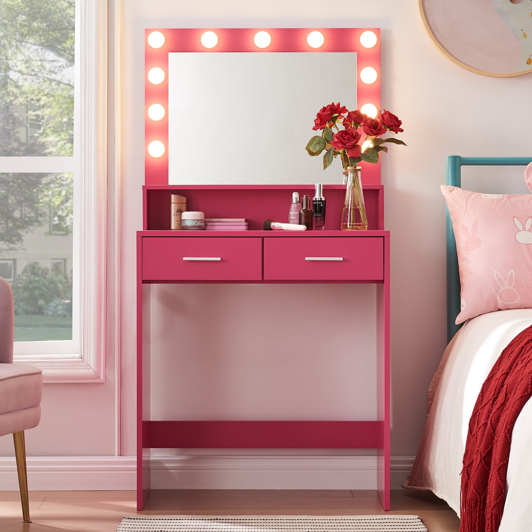 Vanity Desk with Mirror and Lights, Large Drawer, 3 Lighting Modes for Makeup in Rose Pink