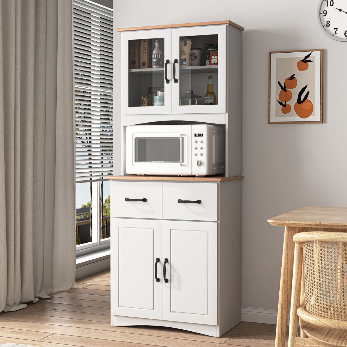 Wooden Kitchen Cabinet White Pantry Room Storage Microwave Cabinet with Framed Glass Doors In White