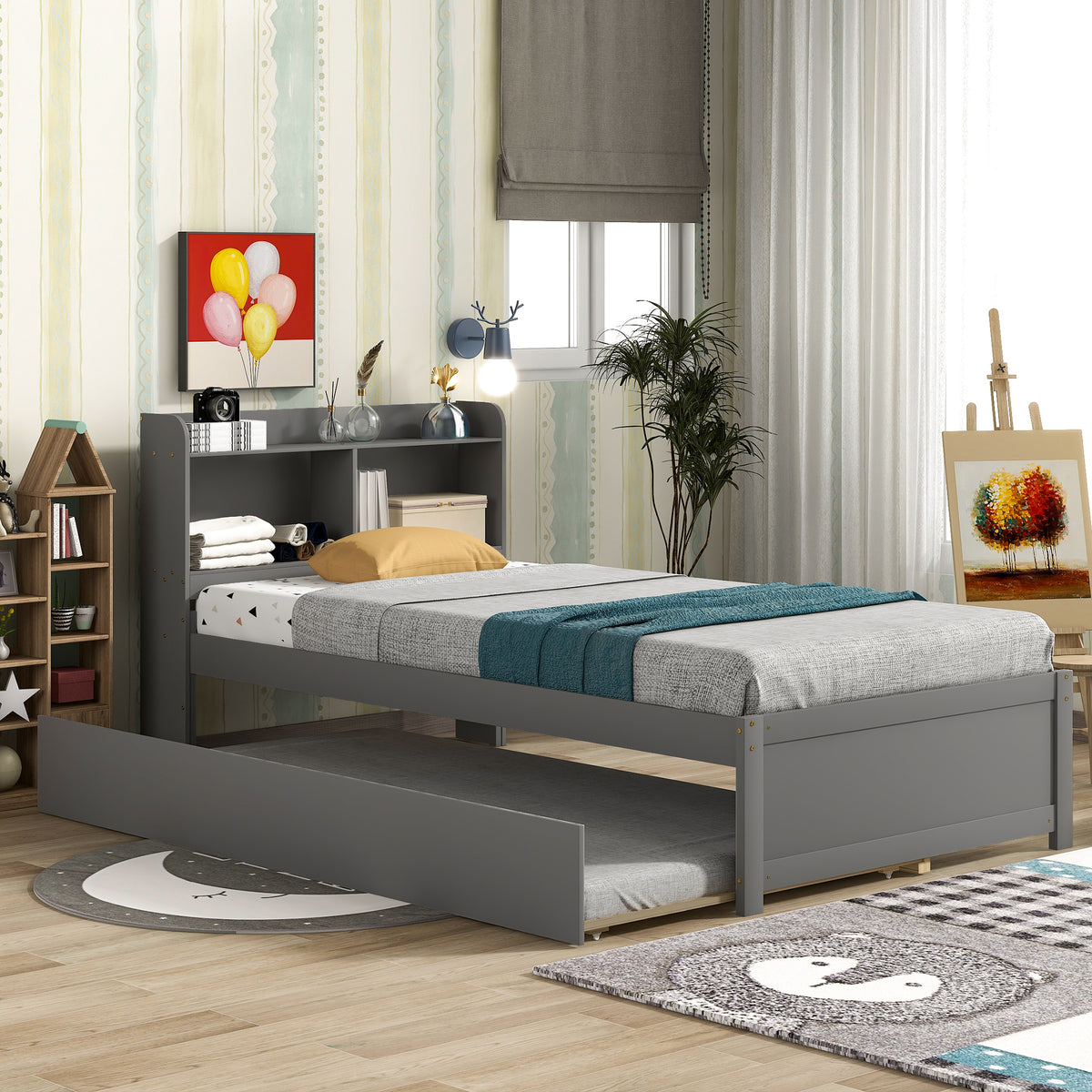 Gray Twin Bed with Trundle and Storage Headboard