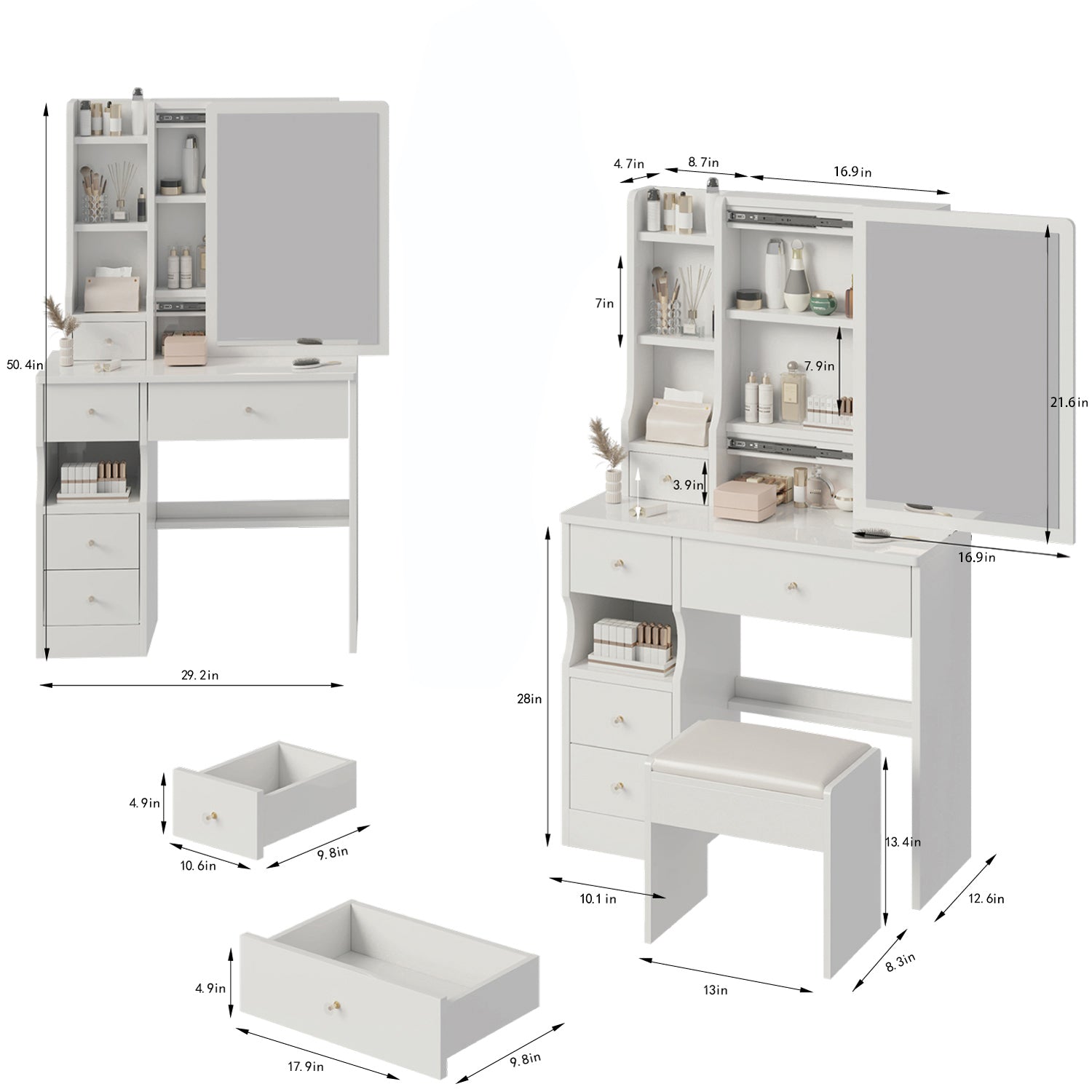 Small Space Left Drawer Desktop Vanity Table With Cushioned Stool Extra Large Right Sliding Mirror Multi Layer Storage In White