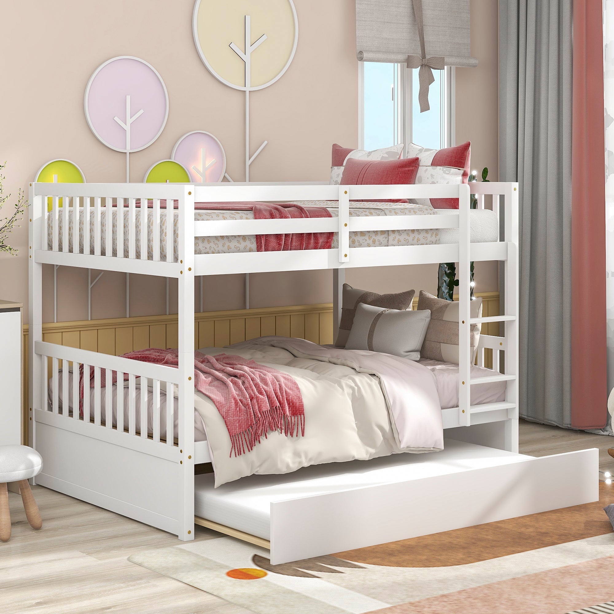 Convertible White Full Over Full Bunk Bed with Trundle