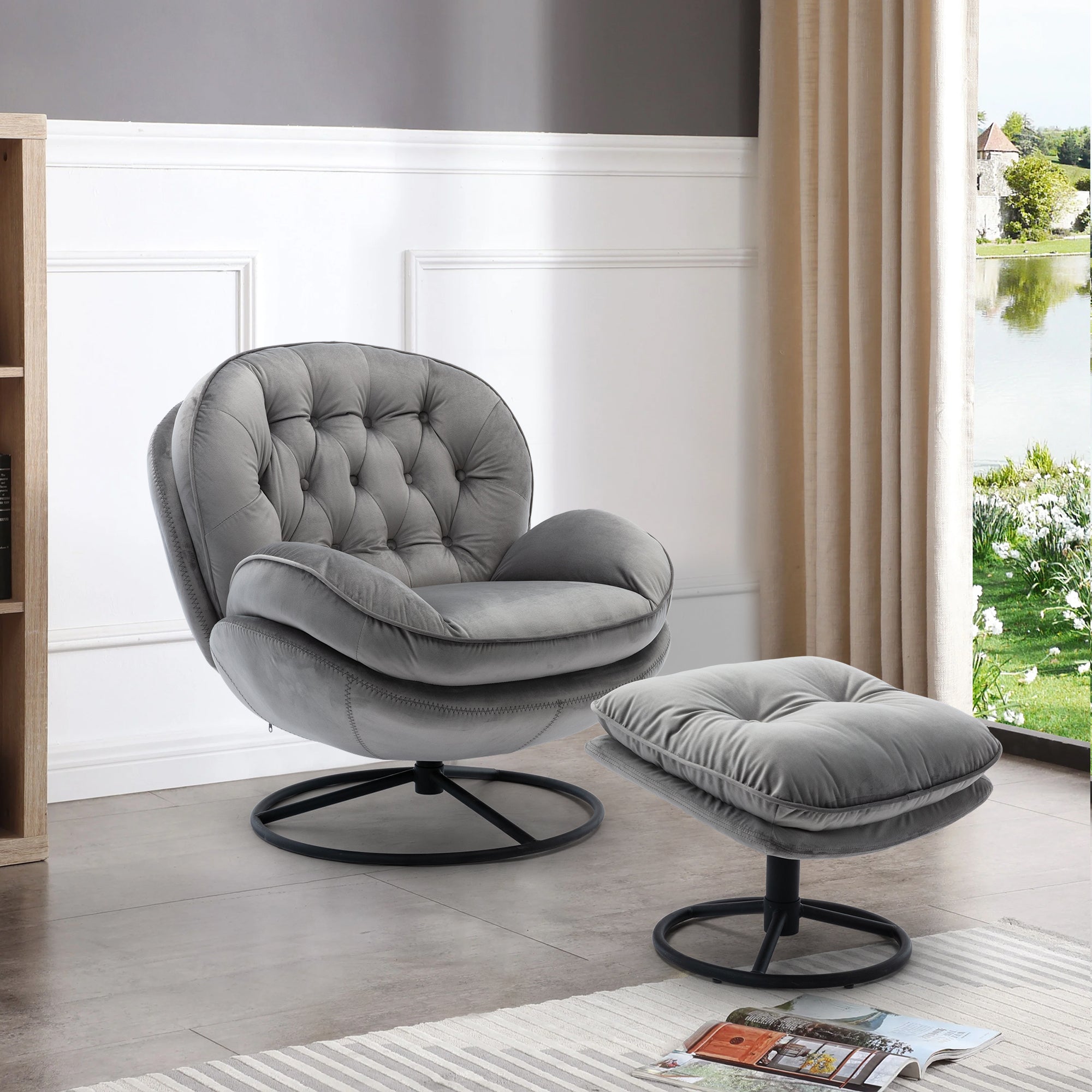 Gray Upholstered Accent Chair with Ottoman