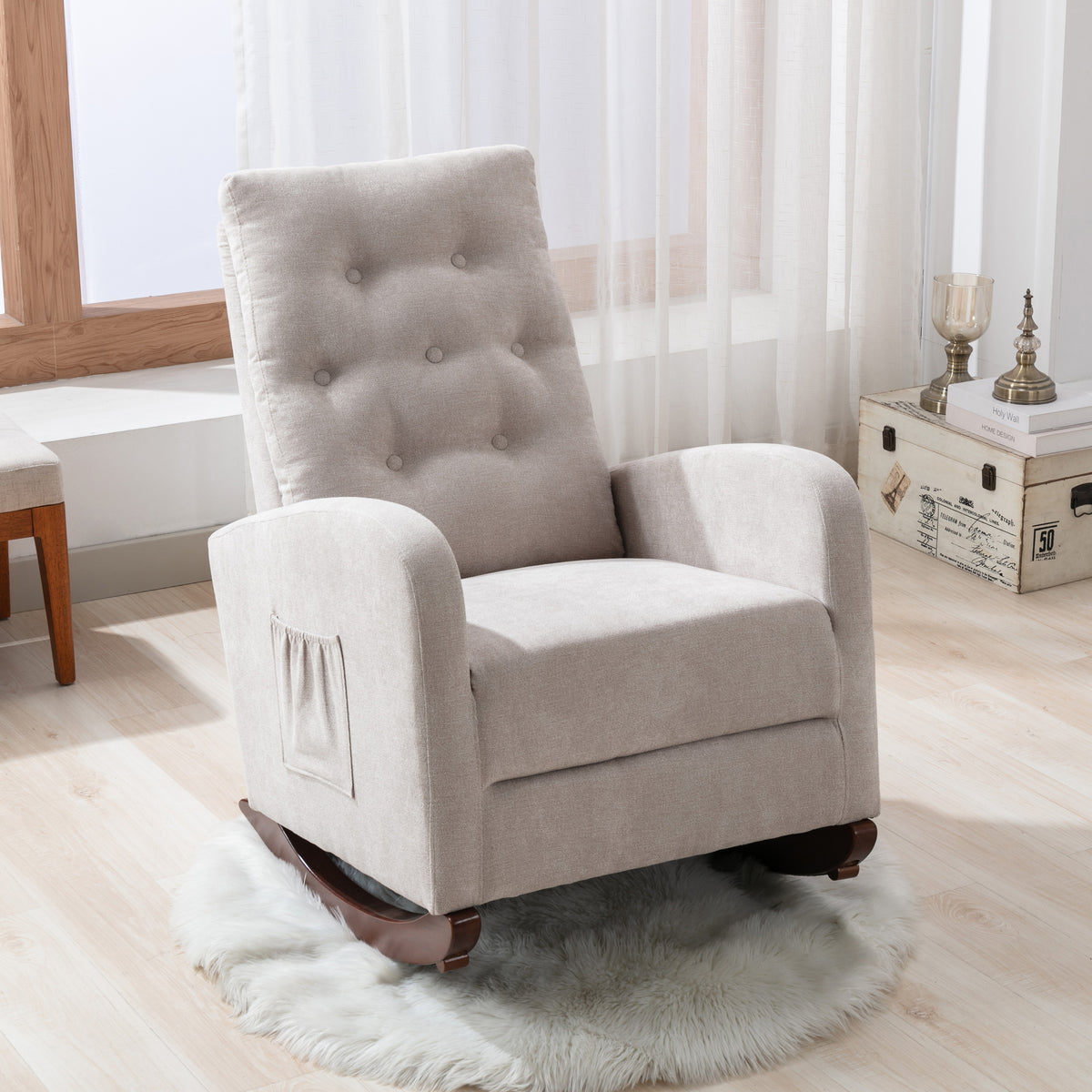 Baby Room High Back Tan Cotton Rocking Chair