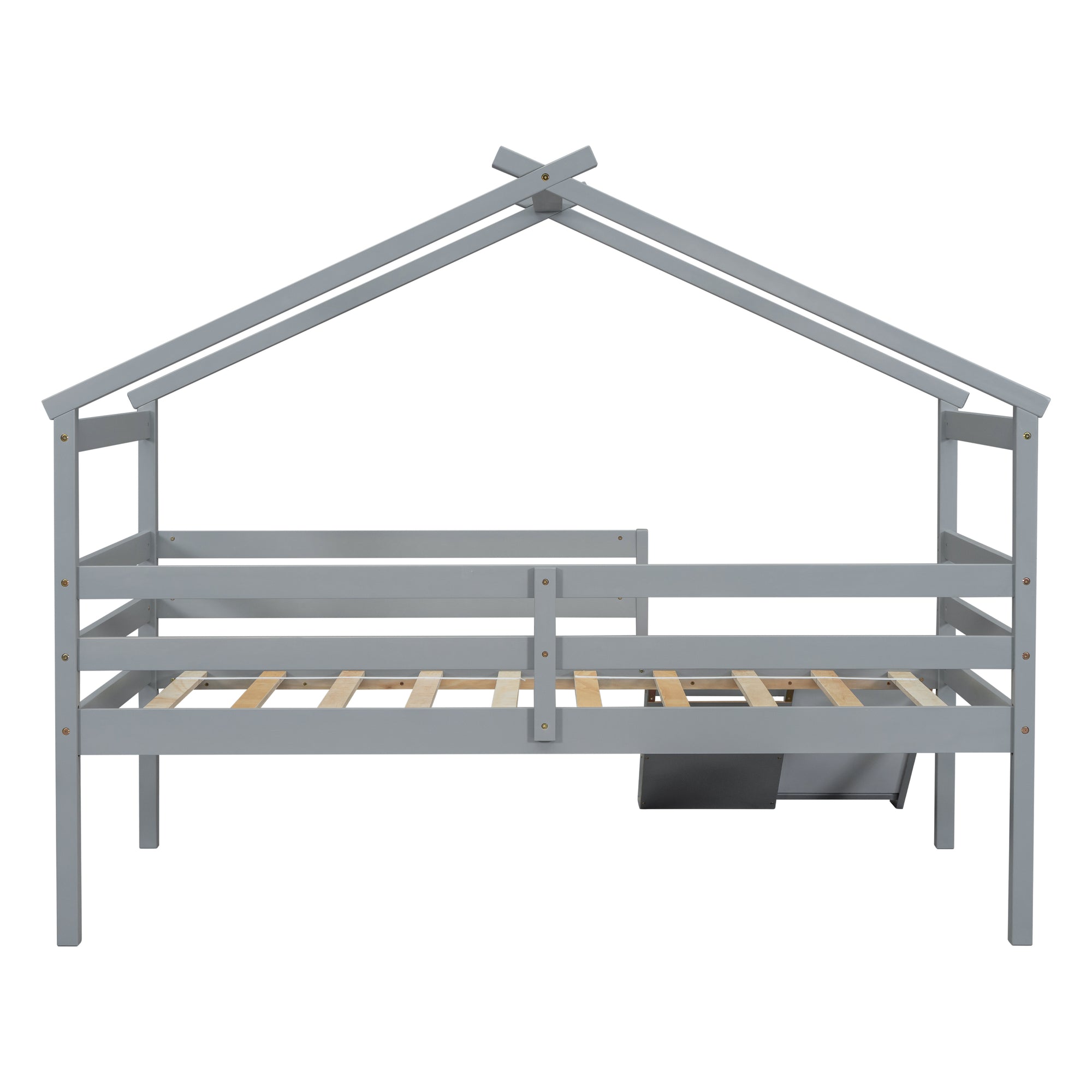 Gray Twin Low Loft House Bed with Slide, Ladder, and Roof Frame