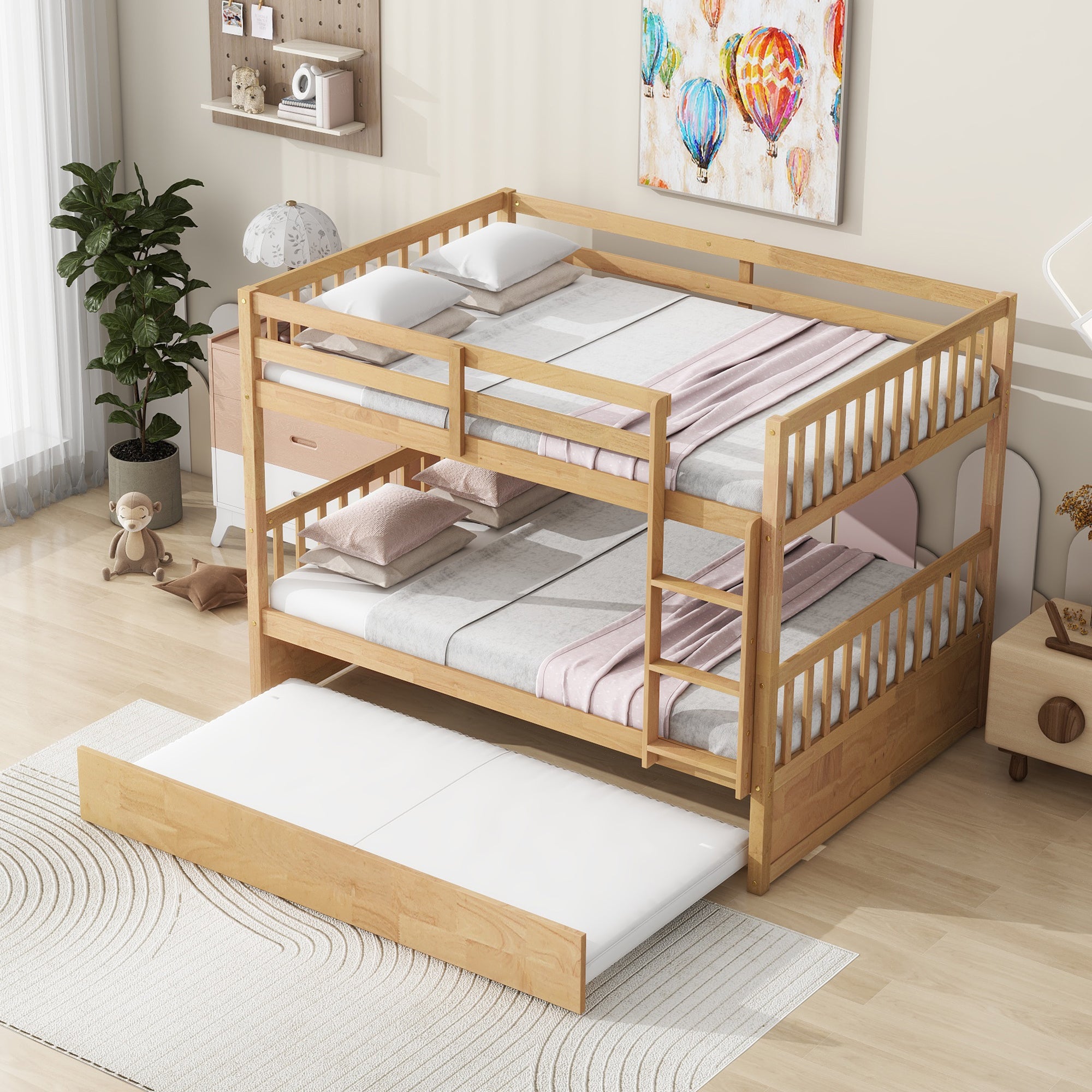 Full Over Full Twin Size Triple Bunk Bed with Ladders and Guardrails in White