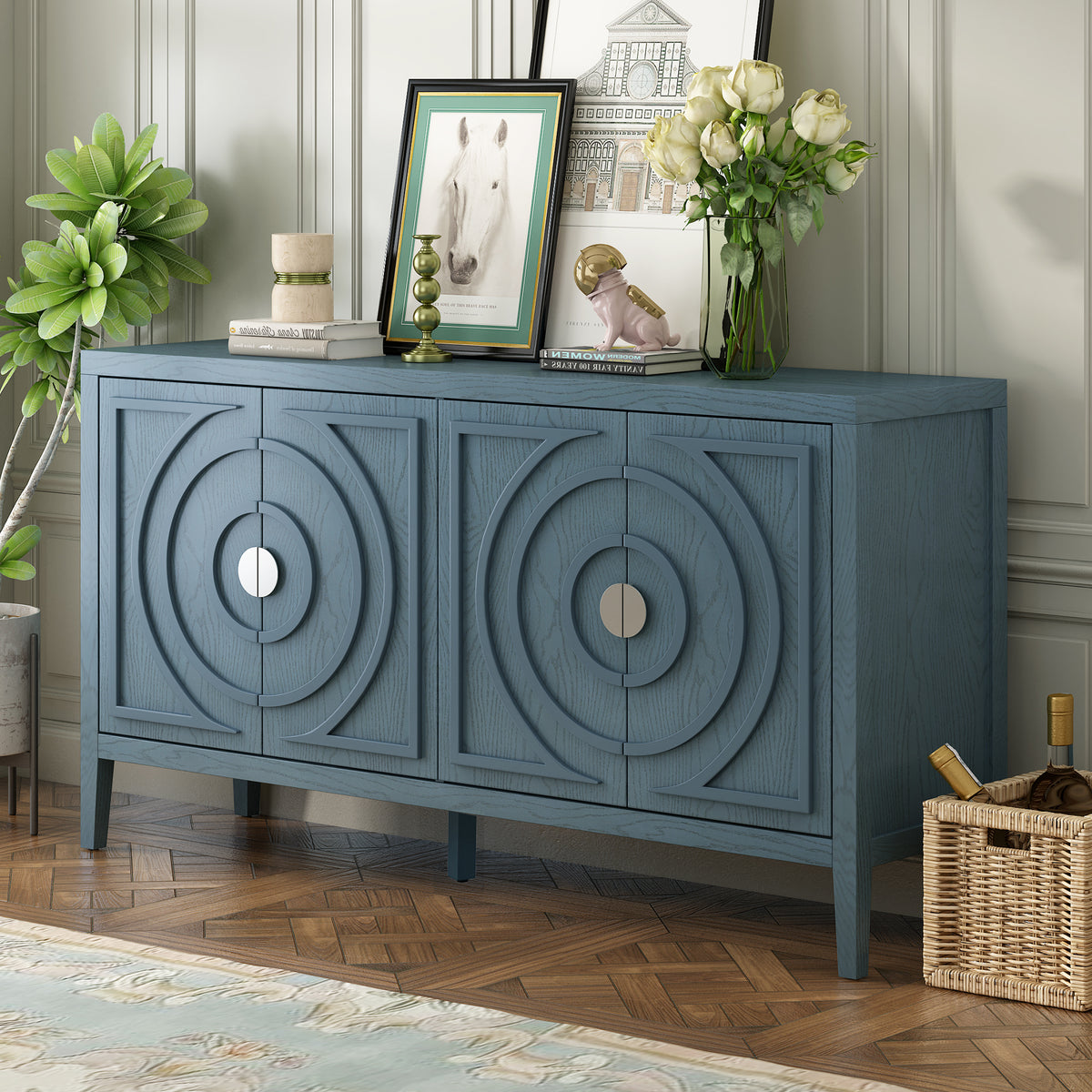 Retro Sideboard With Circular Groove Design And Round Metal Door Handle For Entrance Dinning Room Living Room In Antique Blue