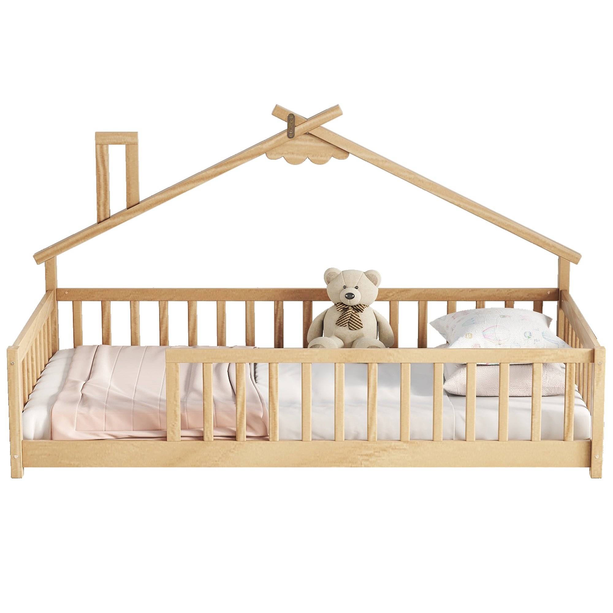 Twin House-Shaped Toddler Floor Bed with Guardrails and Fence in Natural Tones