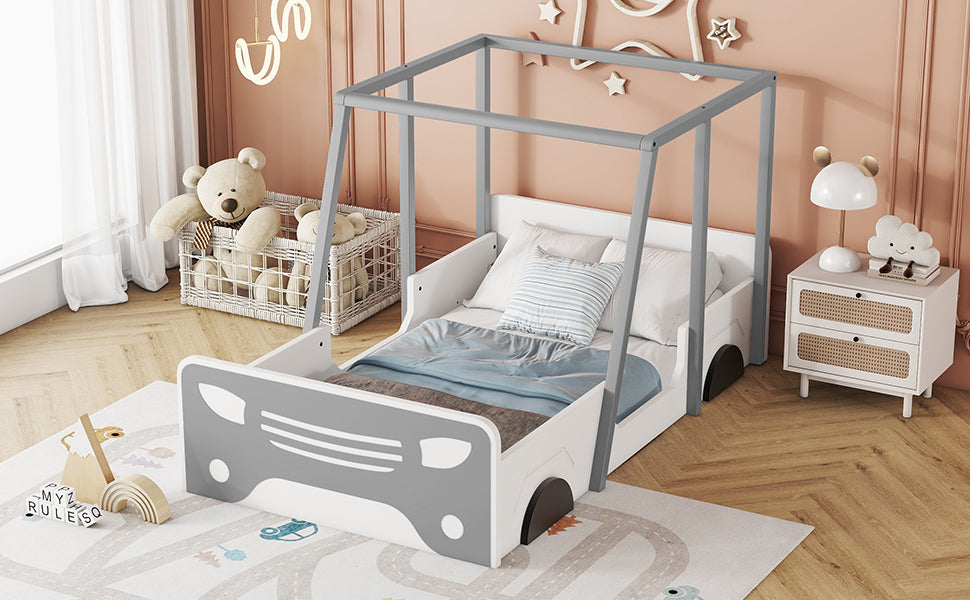 Gray Twin Size Car-Shaped Bed with Roof and Wooden Wheels