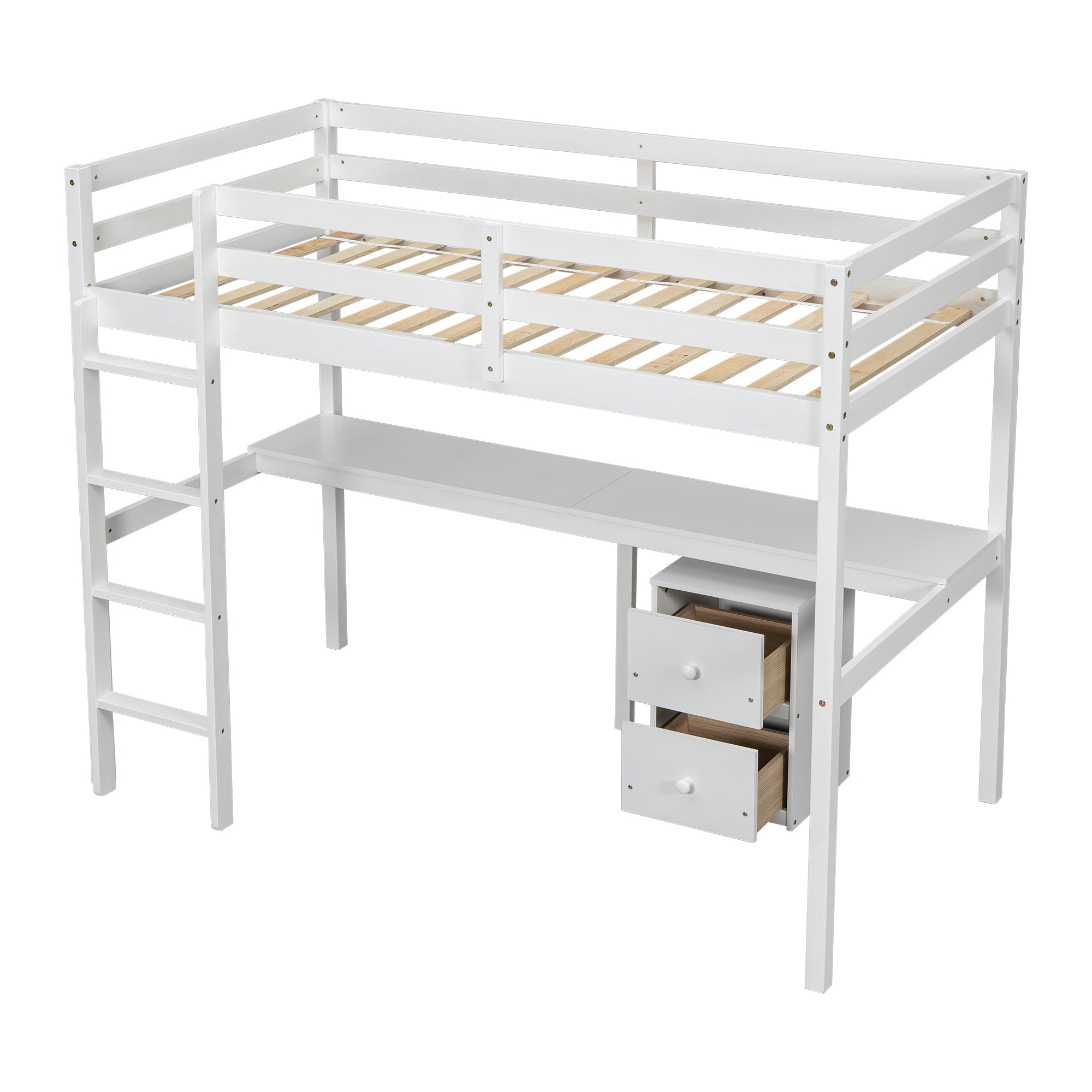 White Twin Loft Bed with Built-in Desk, Storage Cabinet, Guardrails & Ladder