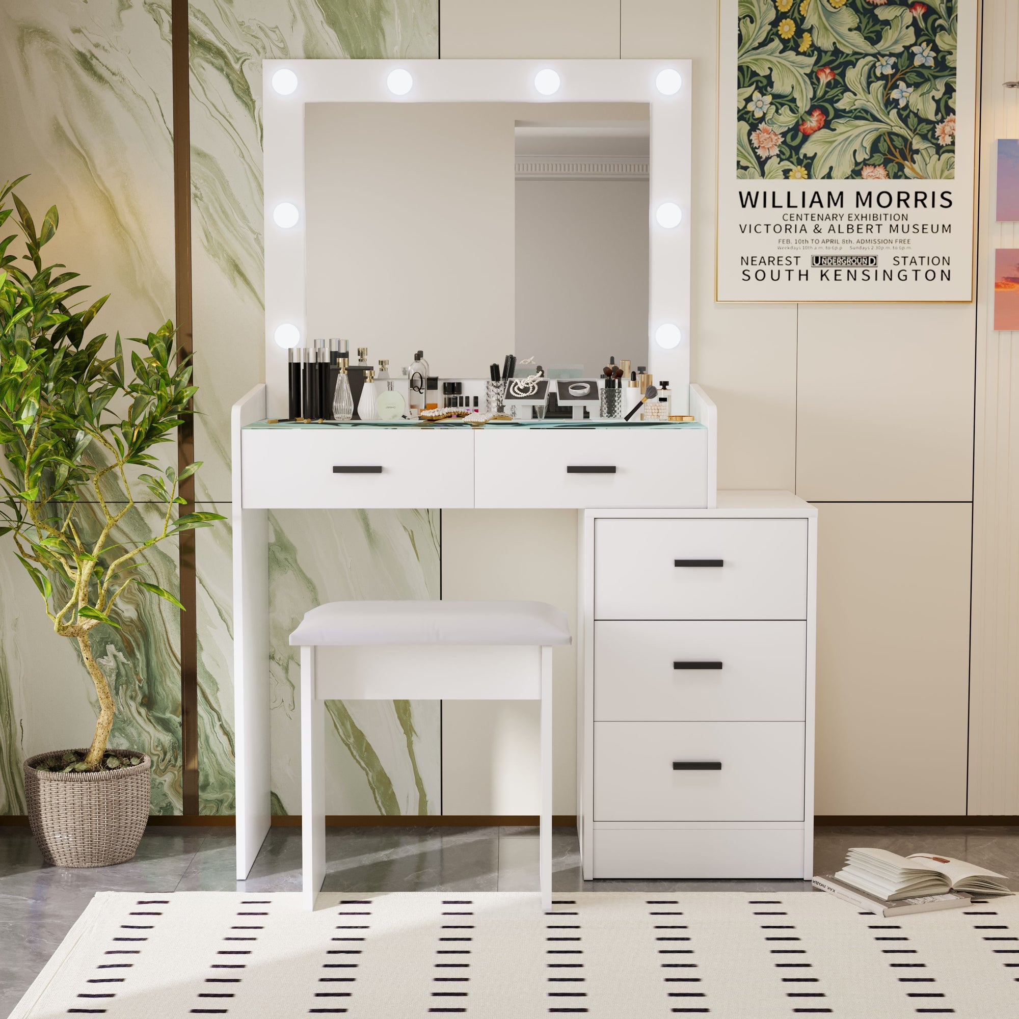 White Color Adjustable Dressing Table With 4 Drawers In Matte White