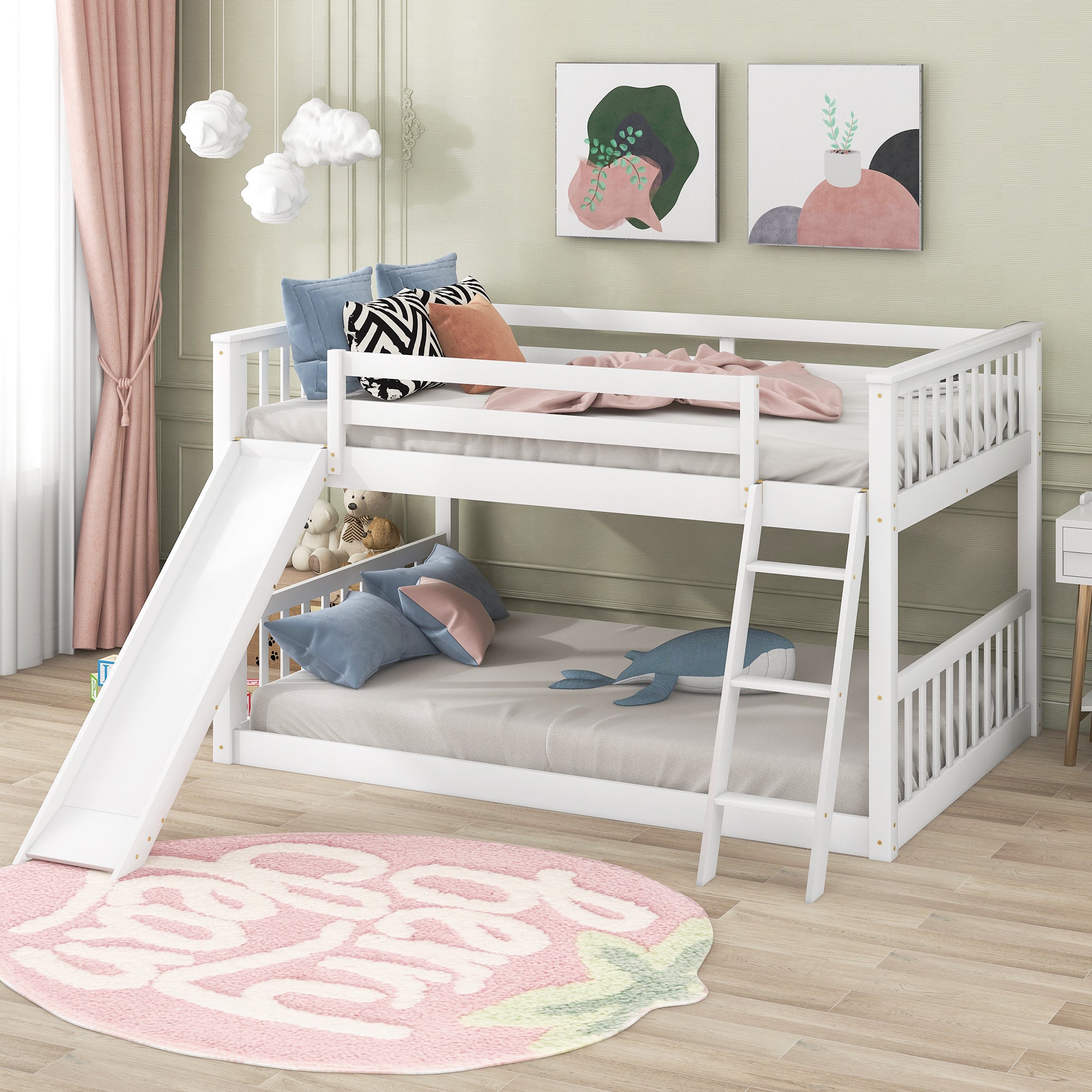 Full Over Full Bunk Bed With Convertible Slide And Ladder In White