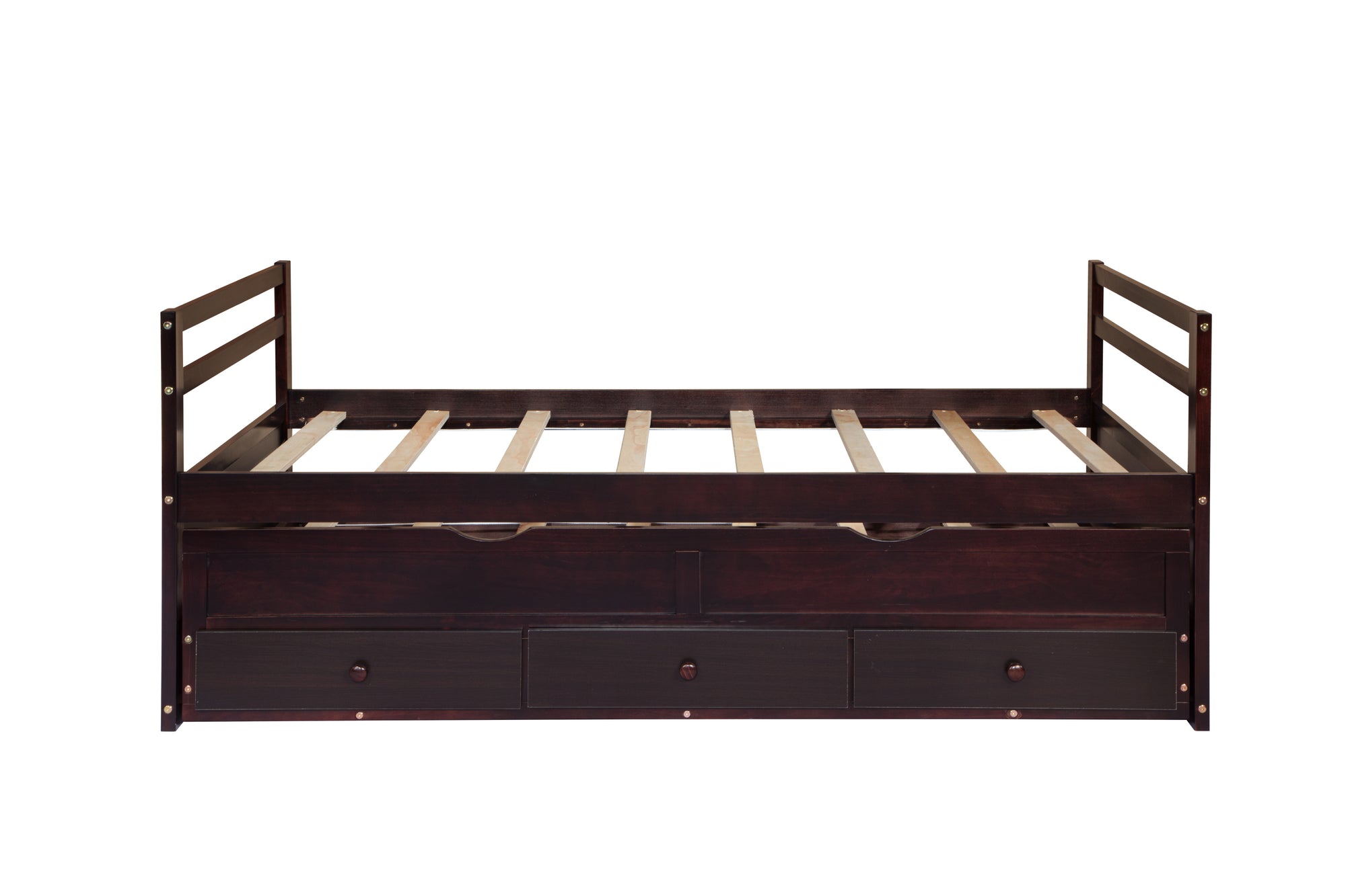 Espresso Pine Twin Size Bed with Headboard, Footboard, Trundle, and Three Storage Drawers