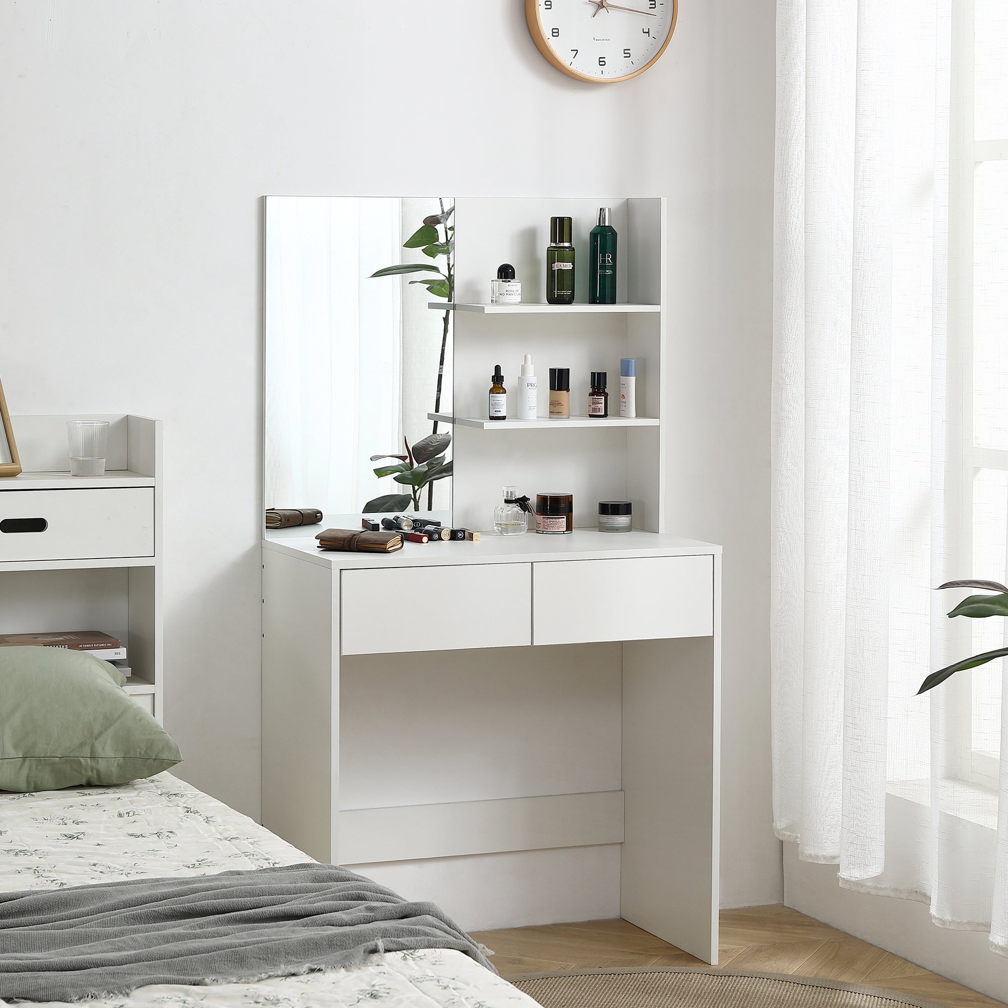 Vanity Desk With Mirror And 2 Drawers In White Color