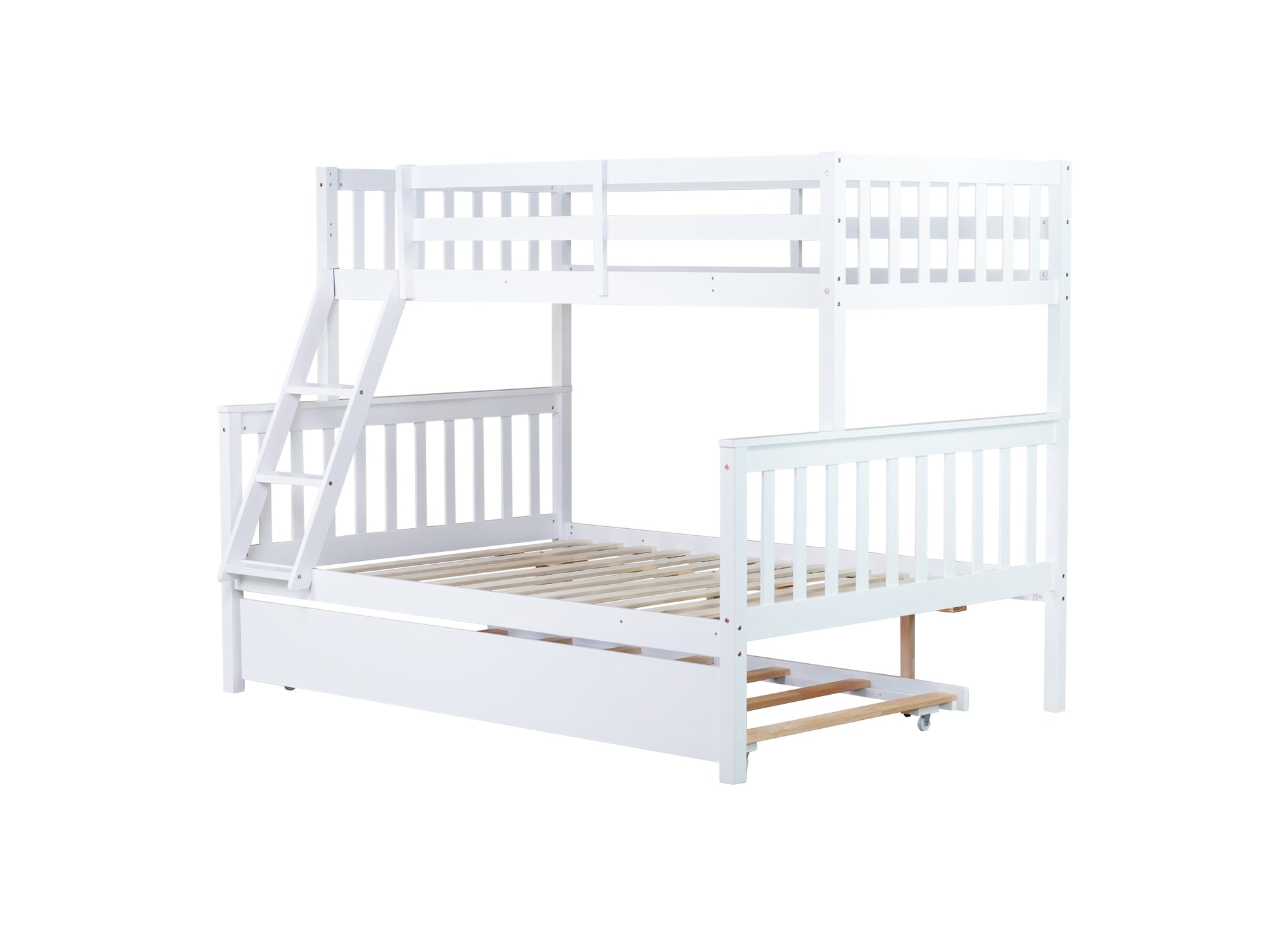 White Twin Over Full Rubber Wood Bunk Bed with Trundle, Detachable Ladder, and Guardrails