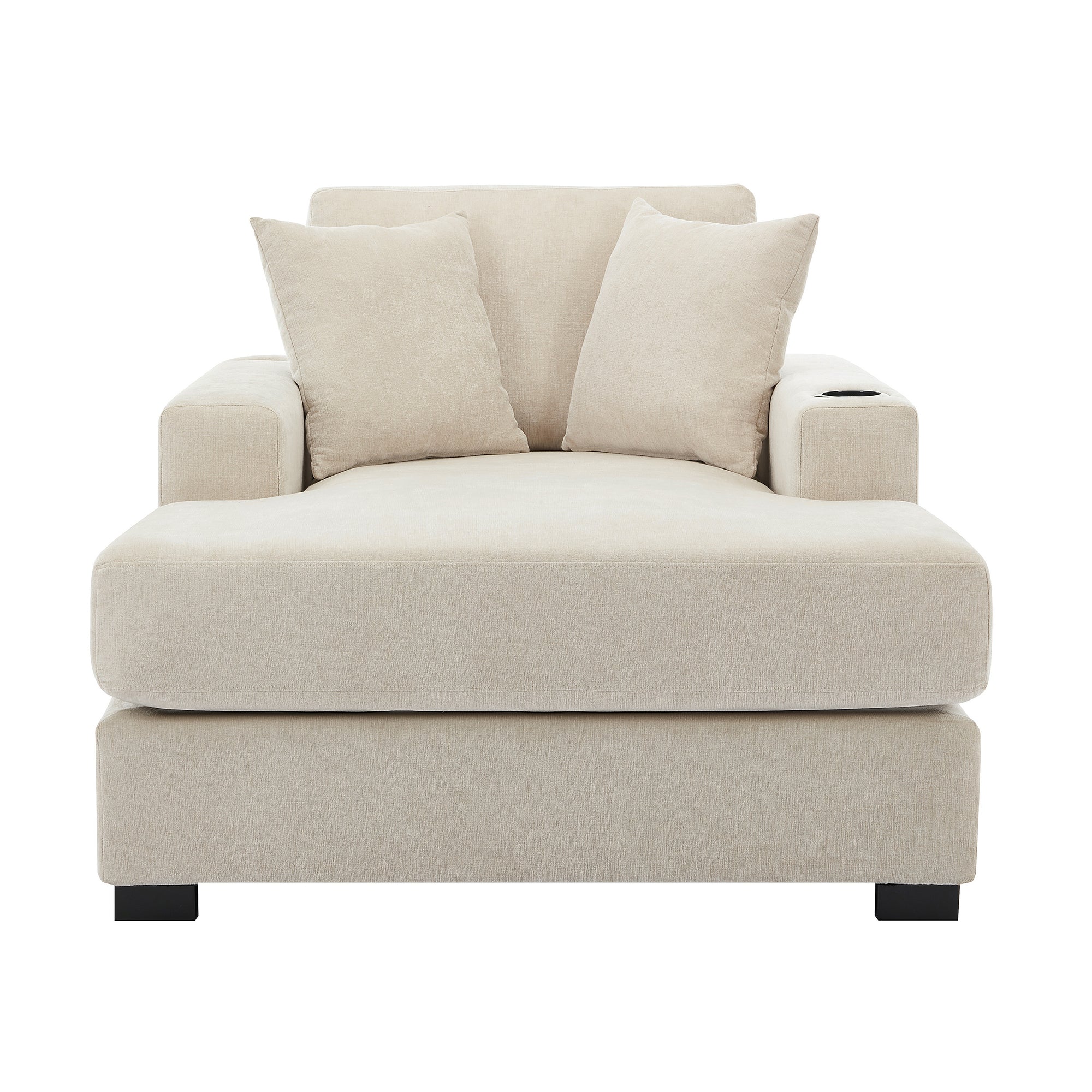 Cream Chenille Oversized Chaise Lounger With Built-In Charge Station & Cup Holders