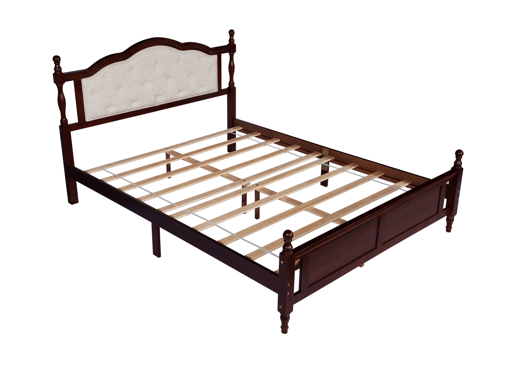 Classic Queen Size Pine Wood Bed with Upholstered Headboard