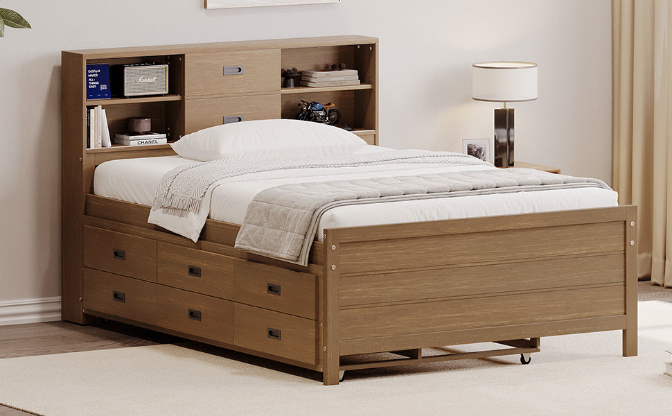 Walnut Twin Platform Bed with Trundle, Drawers & Storage Headboard