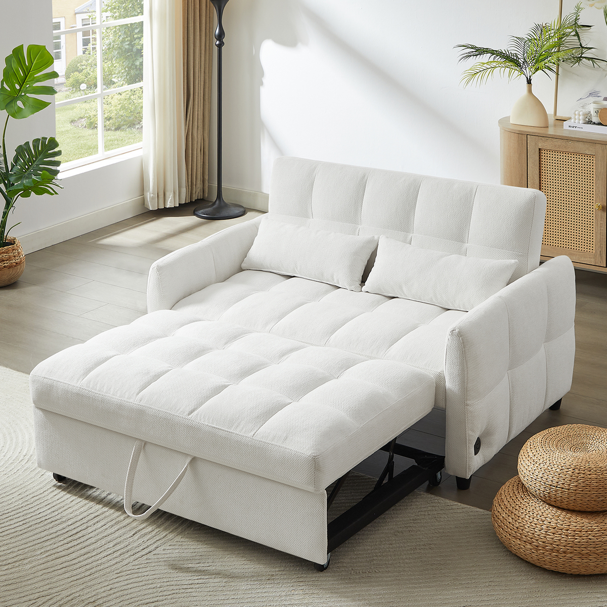 Tufted Pull-out Loveseat Sofa Bed with Adjustable Backrest and USB Ports In Beige