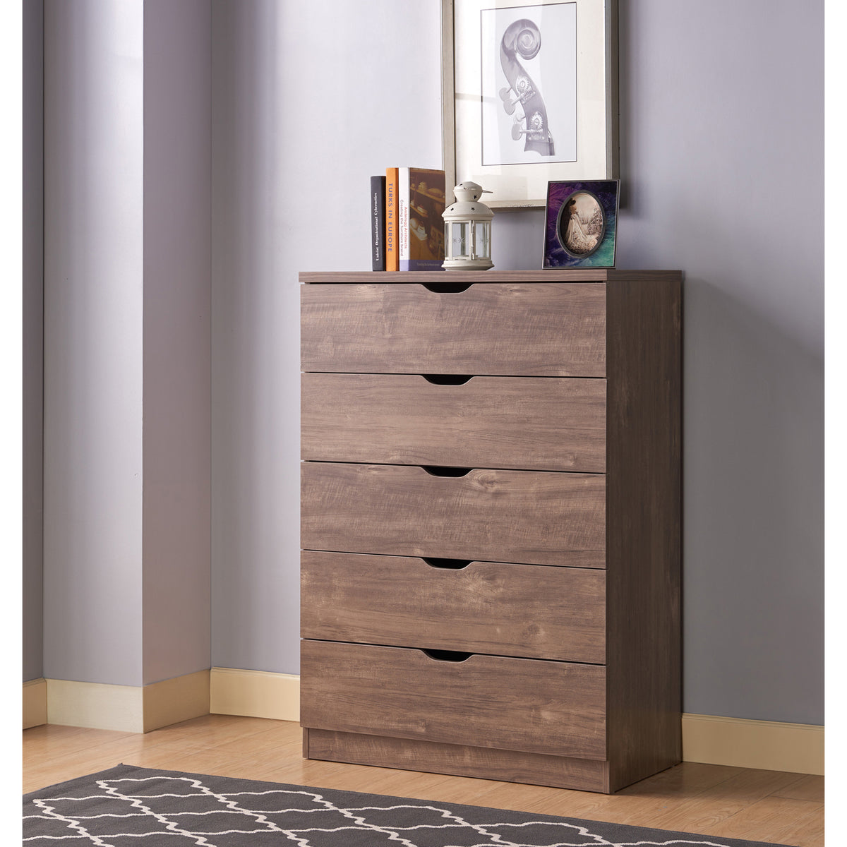 Modern Five Drawer Clothes And Storage Chest Cabinet With Cutout Handles In Hazelnut Color