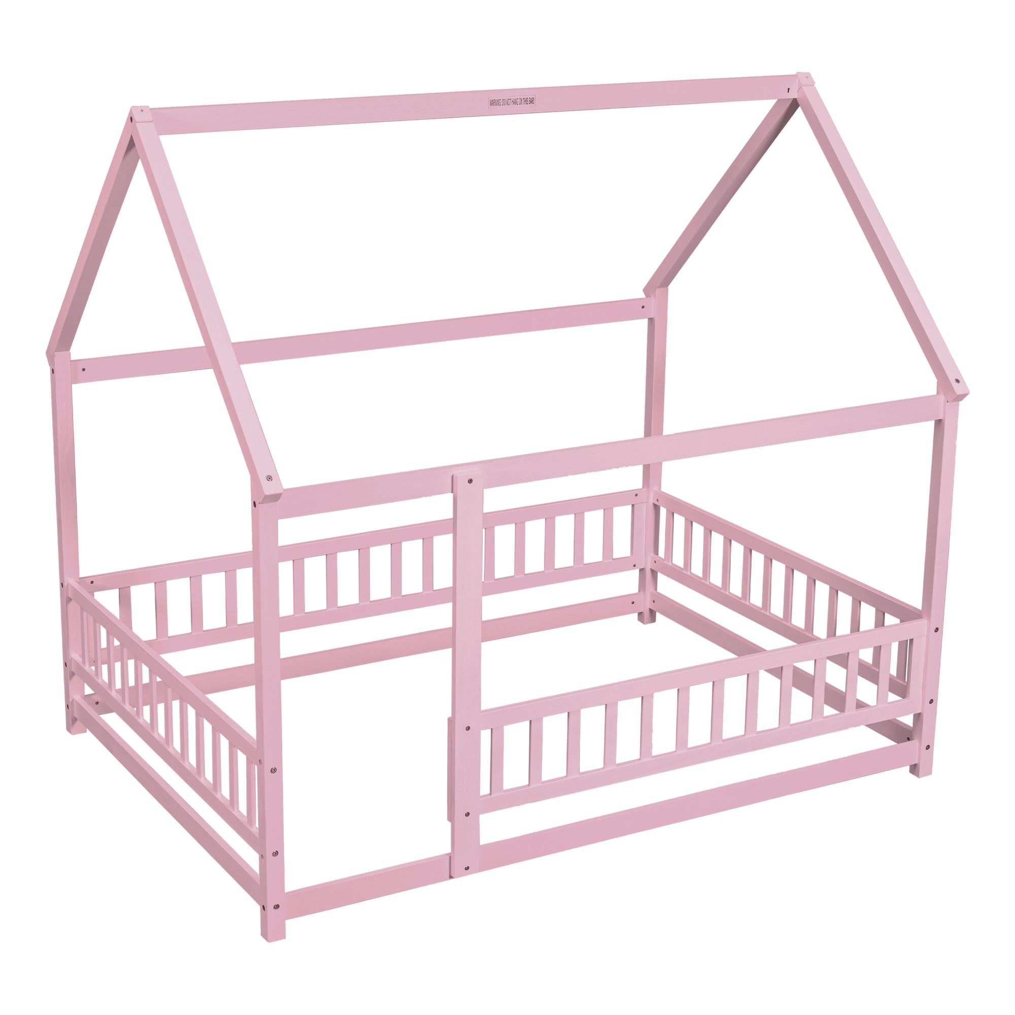 Pink Full-Size Toddler Floor Wooden Bed with House Roof Frame & Fence Guardrails