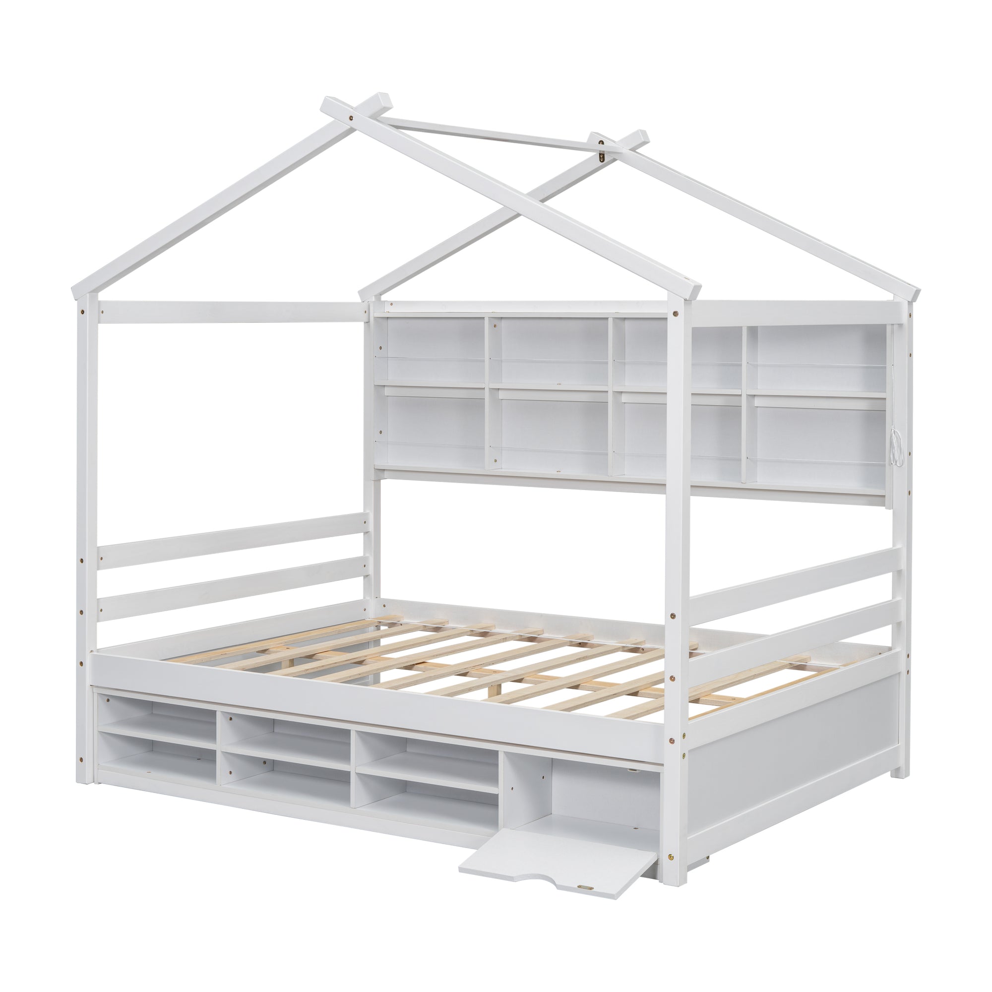 Full Sized Bed with Roof Frame, Bedside Shelves, and Under-Bed Storage Unit